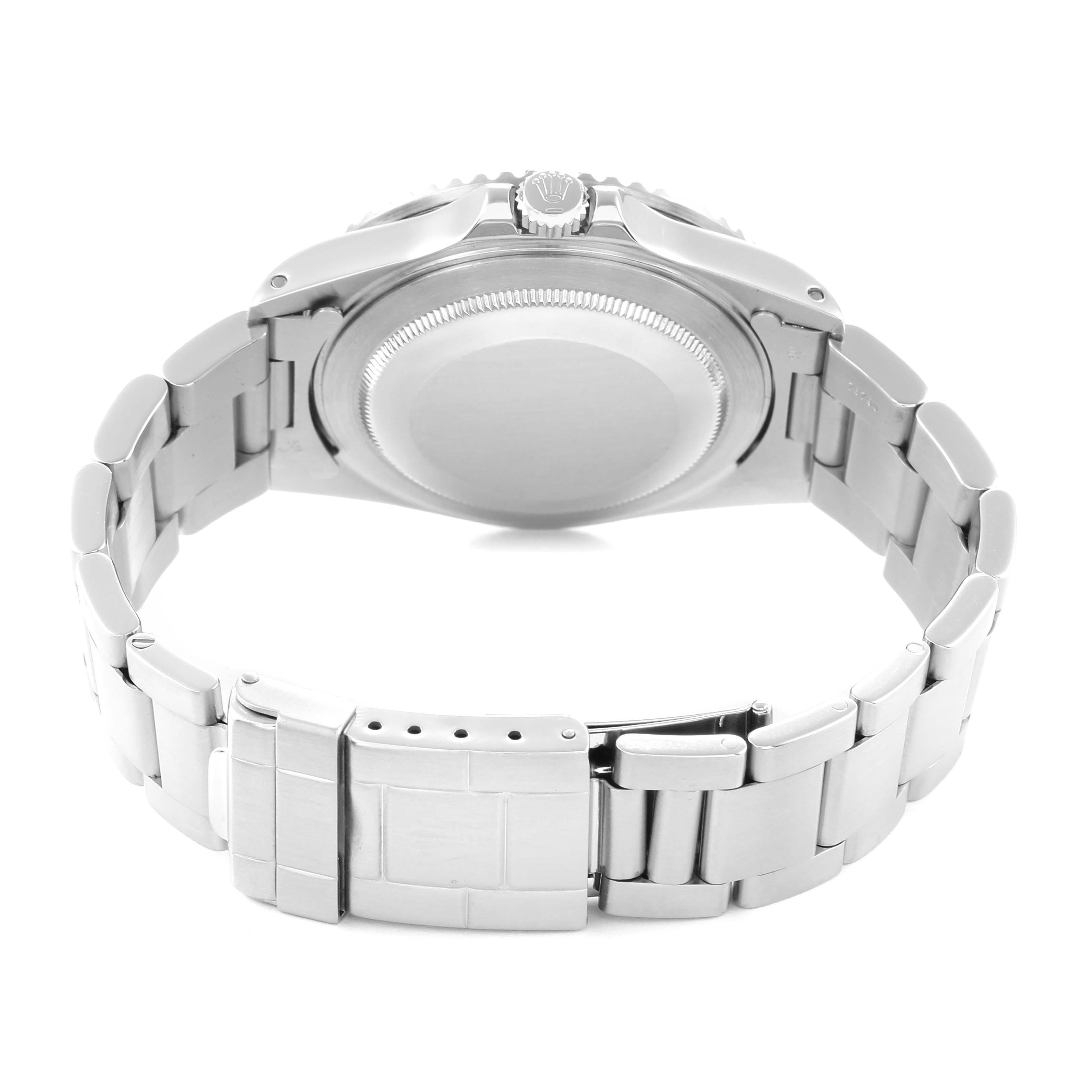 The image shows the back view of a Rolex GMT-Master, model 16710, displaying the case back, bracelet, and clasp.