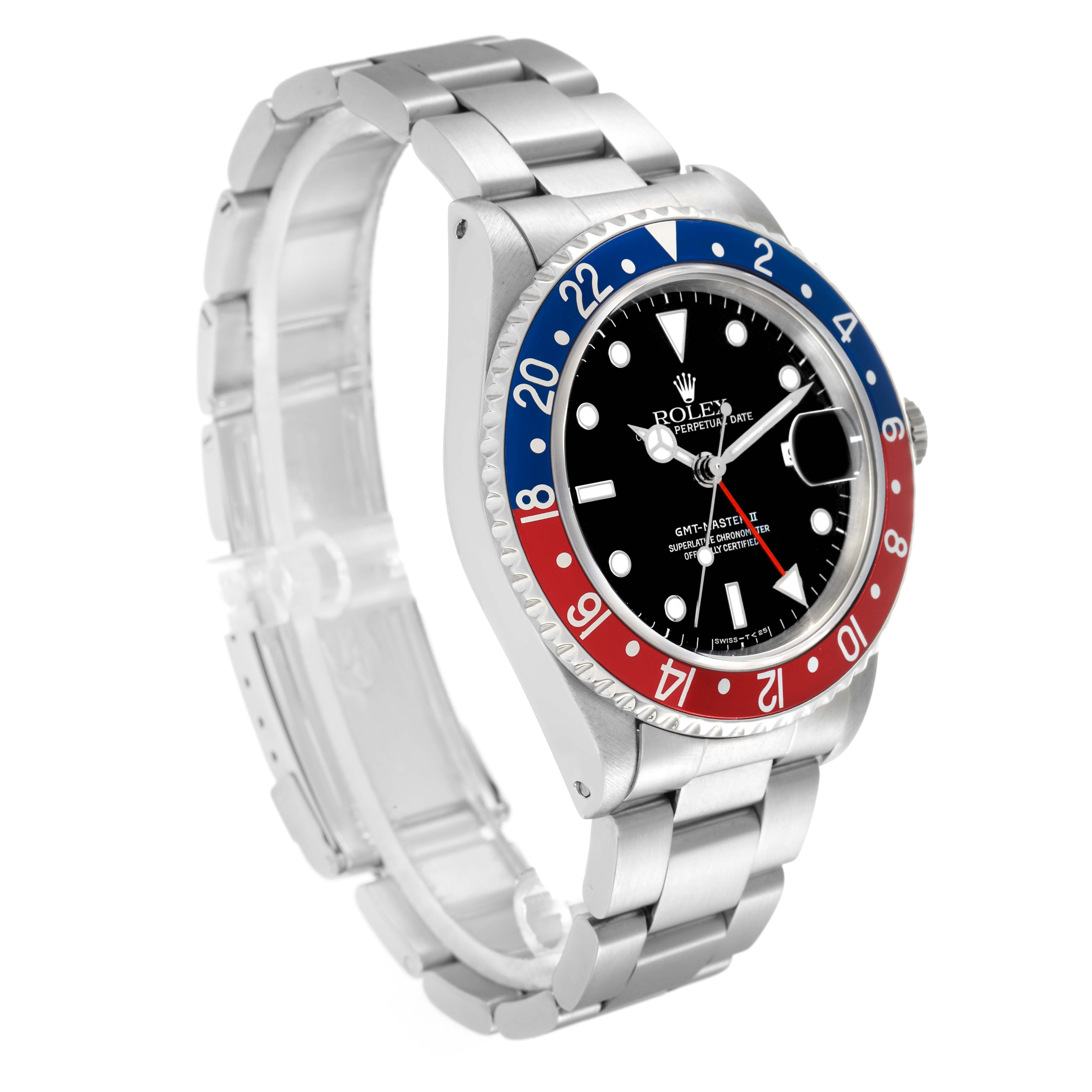 The Rolex GMT-Master model 16710 is shown at an angled side view, highlighting its Pepsi bezel, black dial, and stainless steel bracelet.