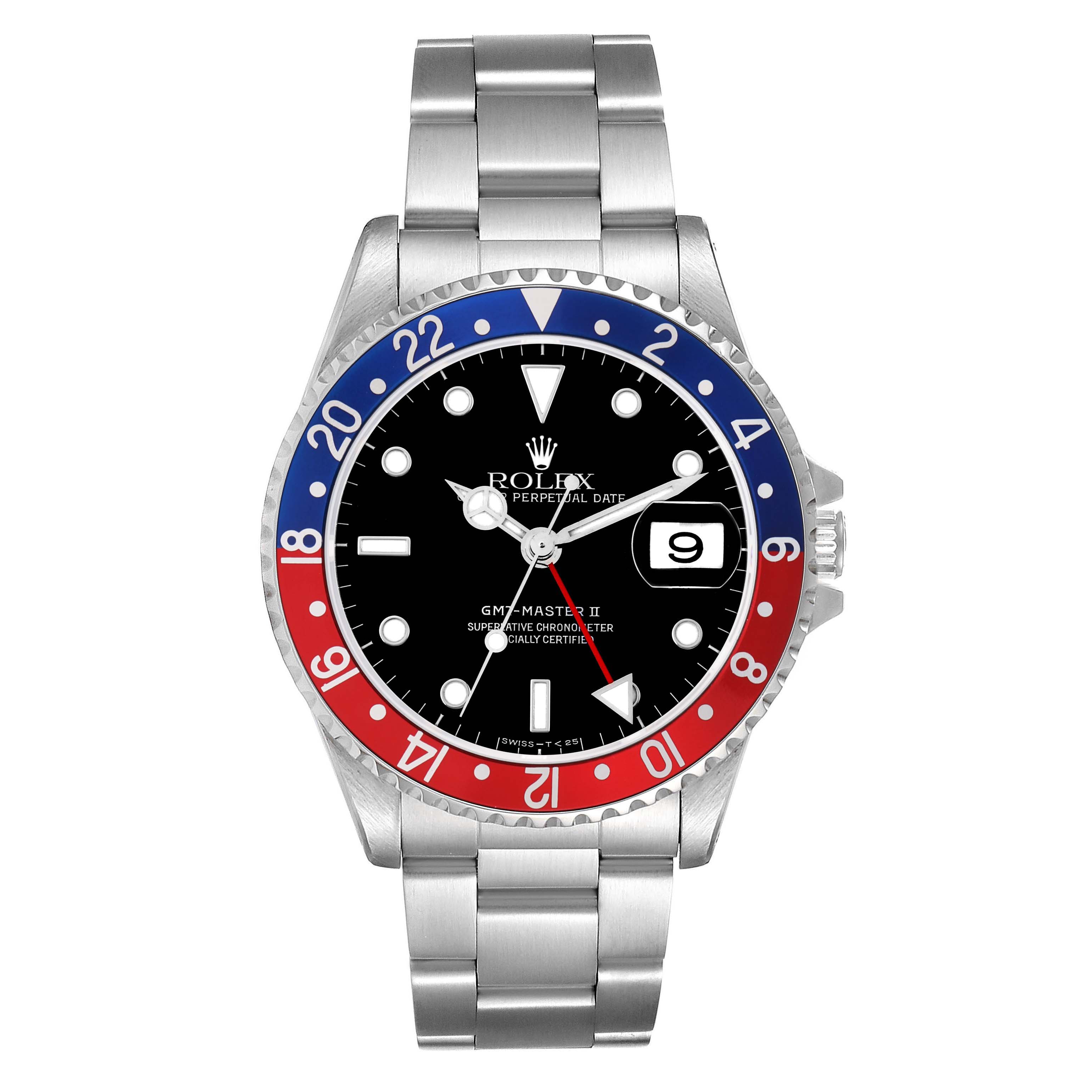 The image shows a Rolex GMT-Master model 16710 men's watch from a front angle, highlighting the bezel, dial, hands, date window, and stainless steel bracelet.