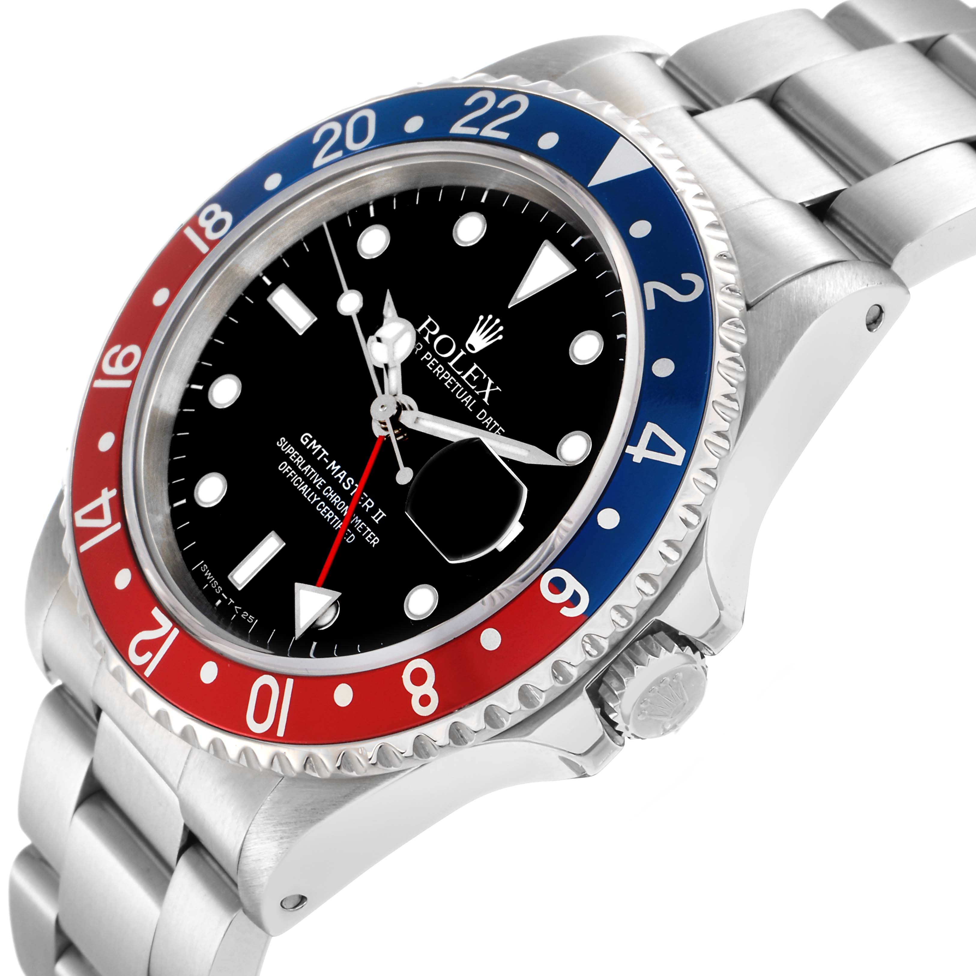 The Rolex GMT-Master model 16710 is shown at a three-quarter angle, displaying the bezel, crown, dial, and bracelet.
