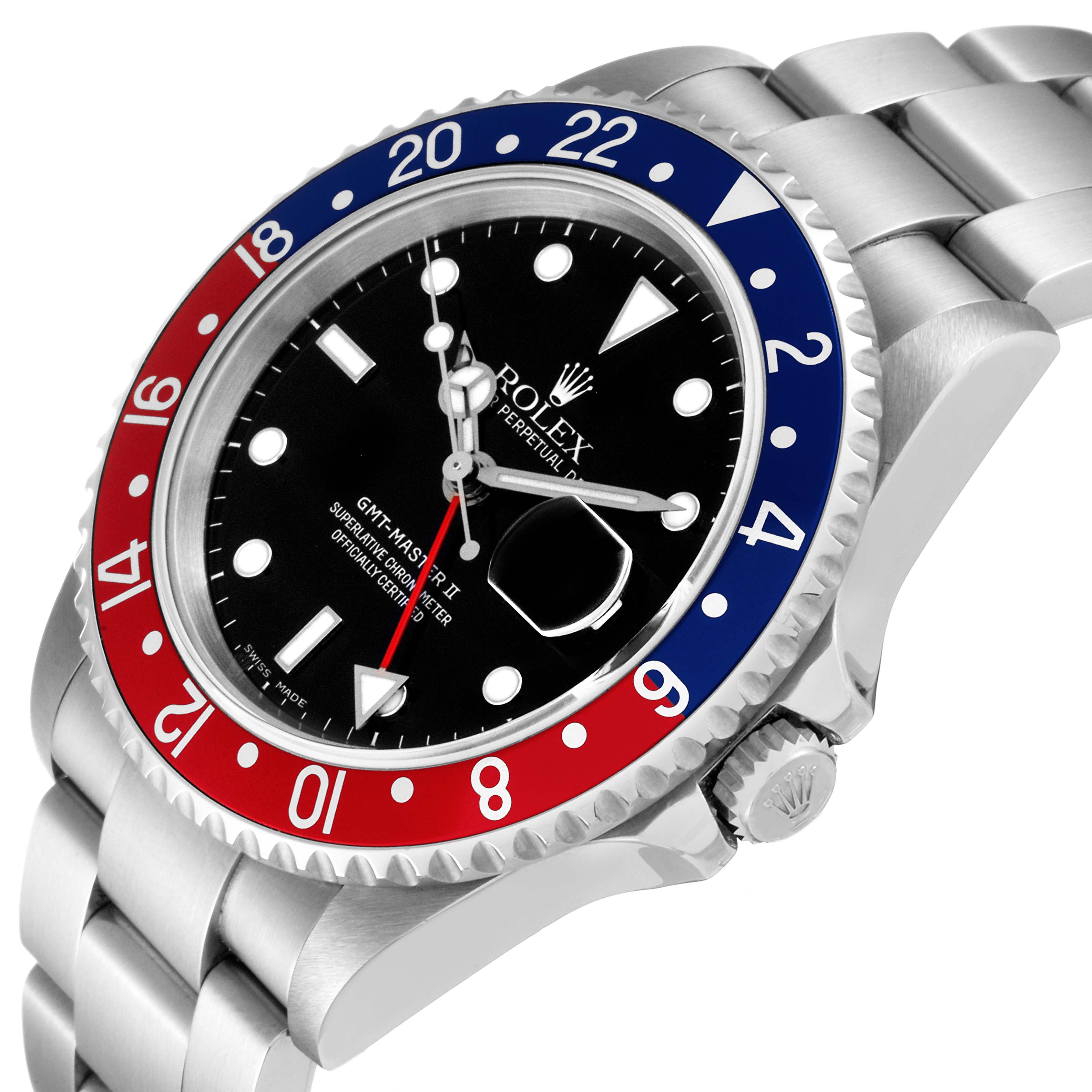 This image shows a close-up angle of a Rolex GMT-Master 16710 Men's Stainless Steel Black Dial 16710 Men's Stainless Steel Black Dial watch, highlighting its bezel, face, and part of the bracelet.