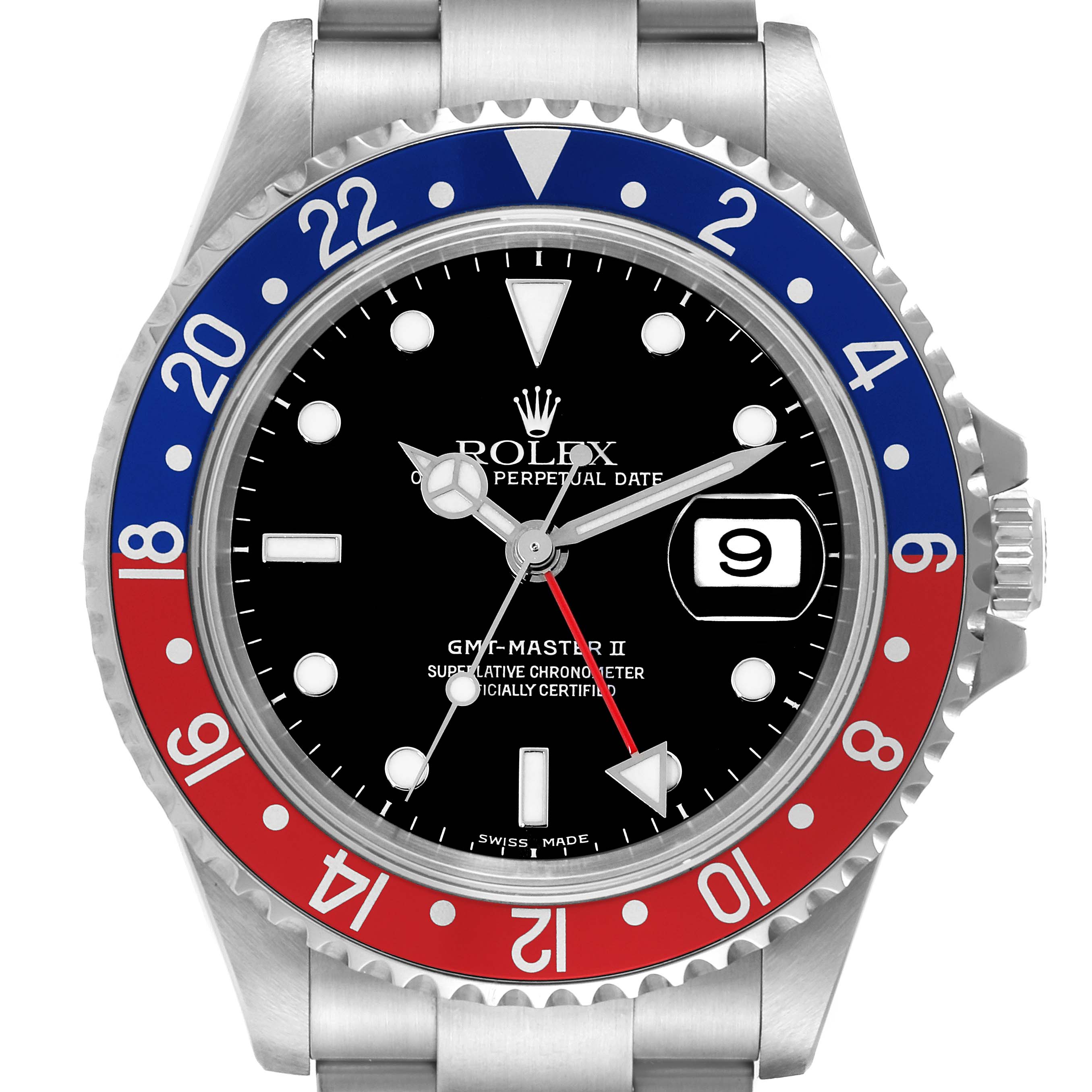 The image shows a front view of the Rolex GMT-Master 16710 Men's Stainless Steel Black Dial 16710 Men's Stainless Steel Black Dial II watch, highlighting its bezel, dial, hands, and date display.