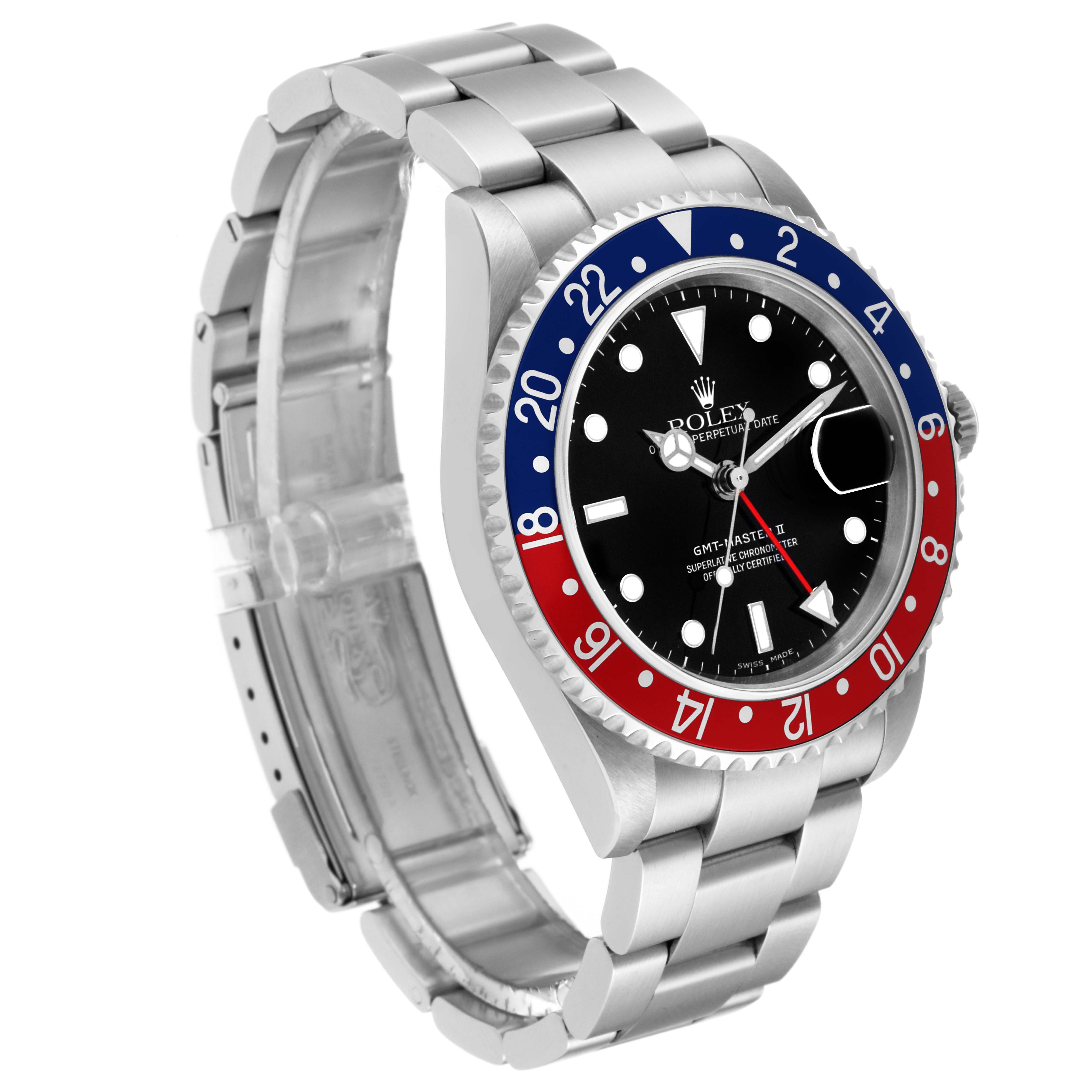 This image shows a side-angle view of the Rolex GMT-Master 16710 Men's Stainless Steel Black Dial 16710 Men's Stainless Steel Black Dial II watch, highlighting its bezel, dial, and bracelet.
