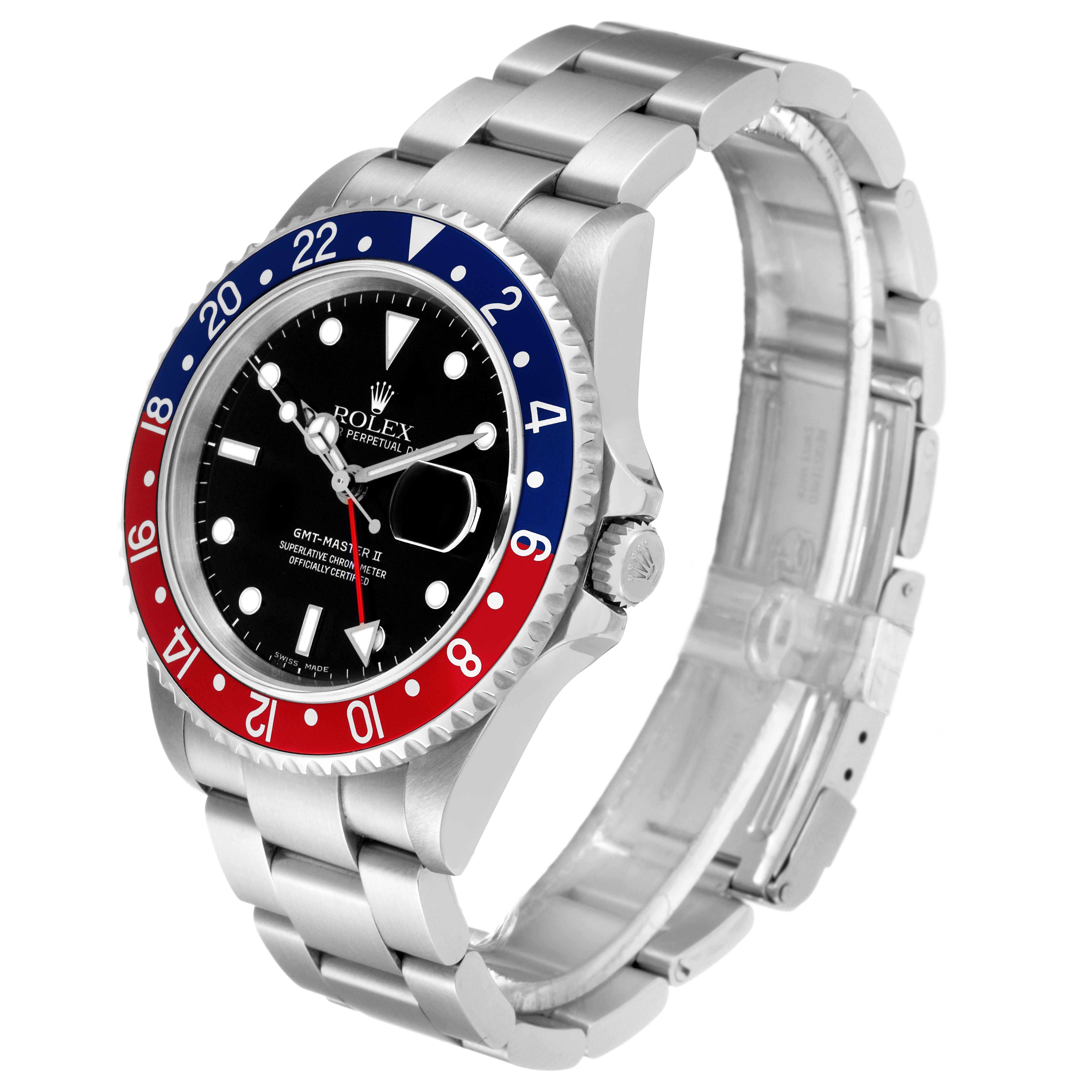 The image shows a Rolex GMT-Master 16710 Men's Stainless Steel Black Dial 16710 Men's Stainless Steel Black Dial watch angled to display its face, bezel, crown, and bracelet.