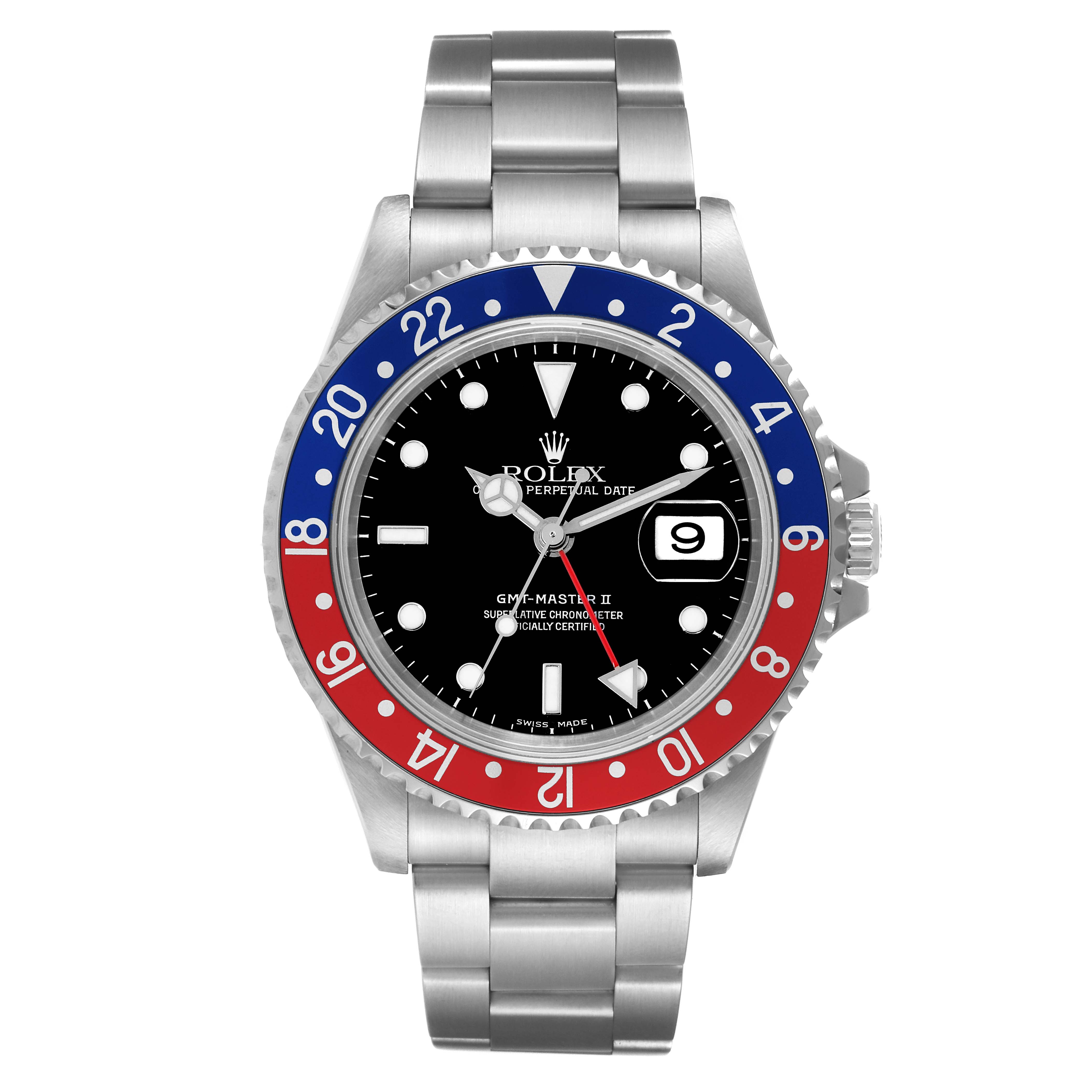 The image shows a front view of a Rolex GMT-Master 16710 Men's Stainless Steel Black Dial 16710 Men's Stainless Steel Black Dial watch with a red and blue bezel and stainless steel bracelet.