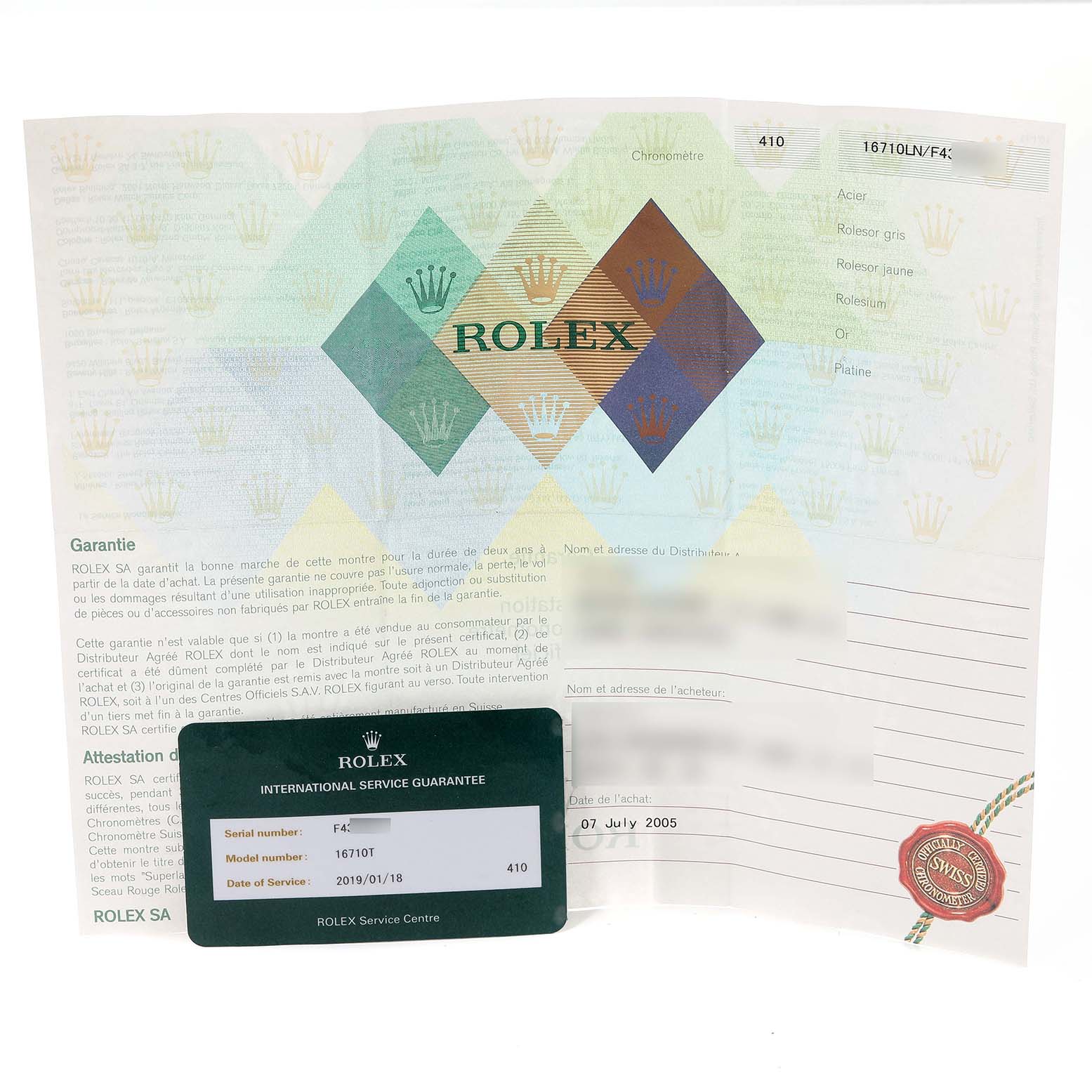 The image shows the warranty card and service guarantee for a Rolex GMT-Master 16710 Men's Stainless Steel Black Dial 16710 Men's Stainless Steel Black Dial watch model 16710T.