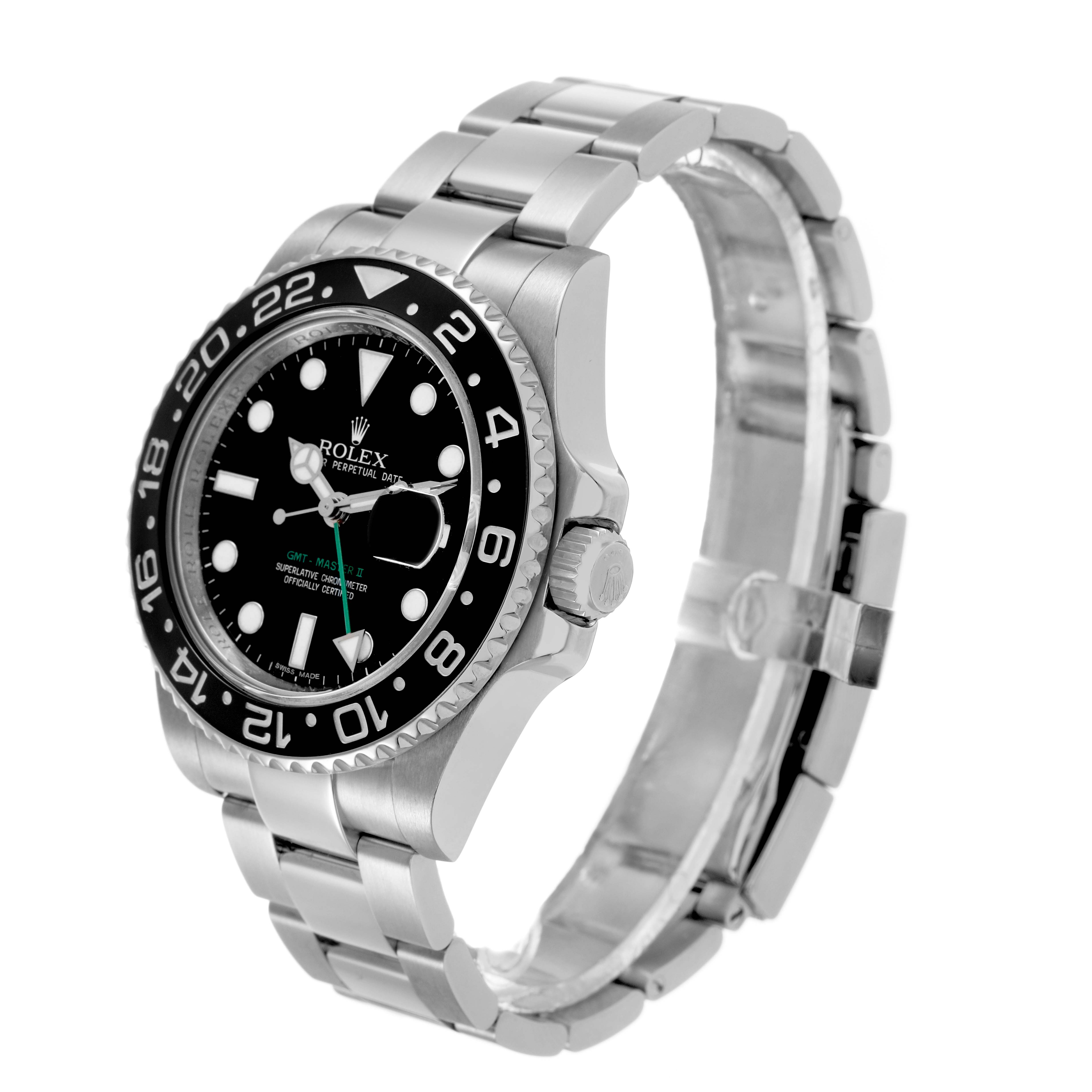 The Rolex GMT-Master 116710 Men's Stainless Steel Black Dial watch is displayed at a slight angle, showing its face, bezel, crown, and bracelet.