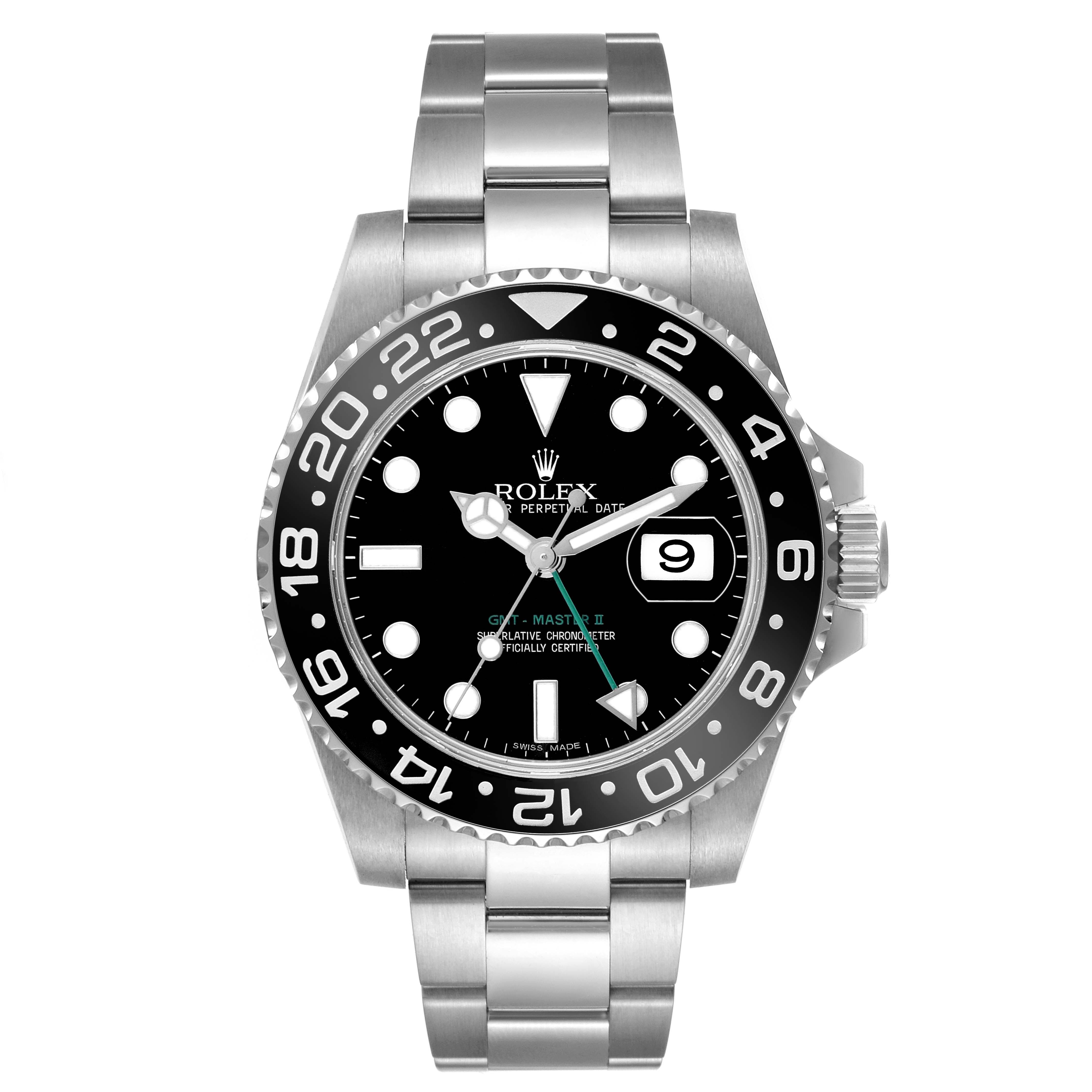 The Rolex GMT-Master 116710 Men's Stainless Steel Black Dial watch is shown from a frontal angle, featuring its bezel, dial, crown, and bracelet.