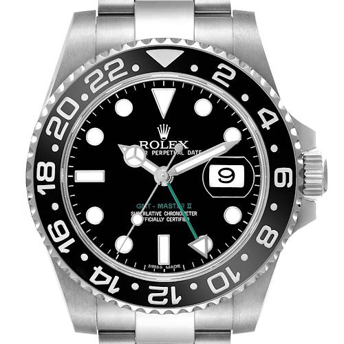 The Rolex GMT-Master 116710 Men's Stainless Steel Black Dial II watch is shown from a front angle, displaying the bezel, dial, and bracelet.