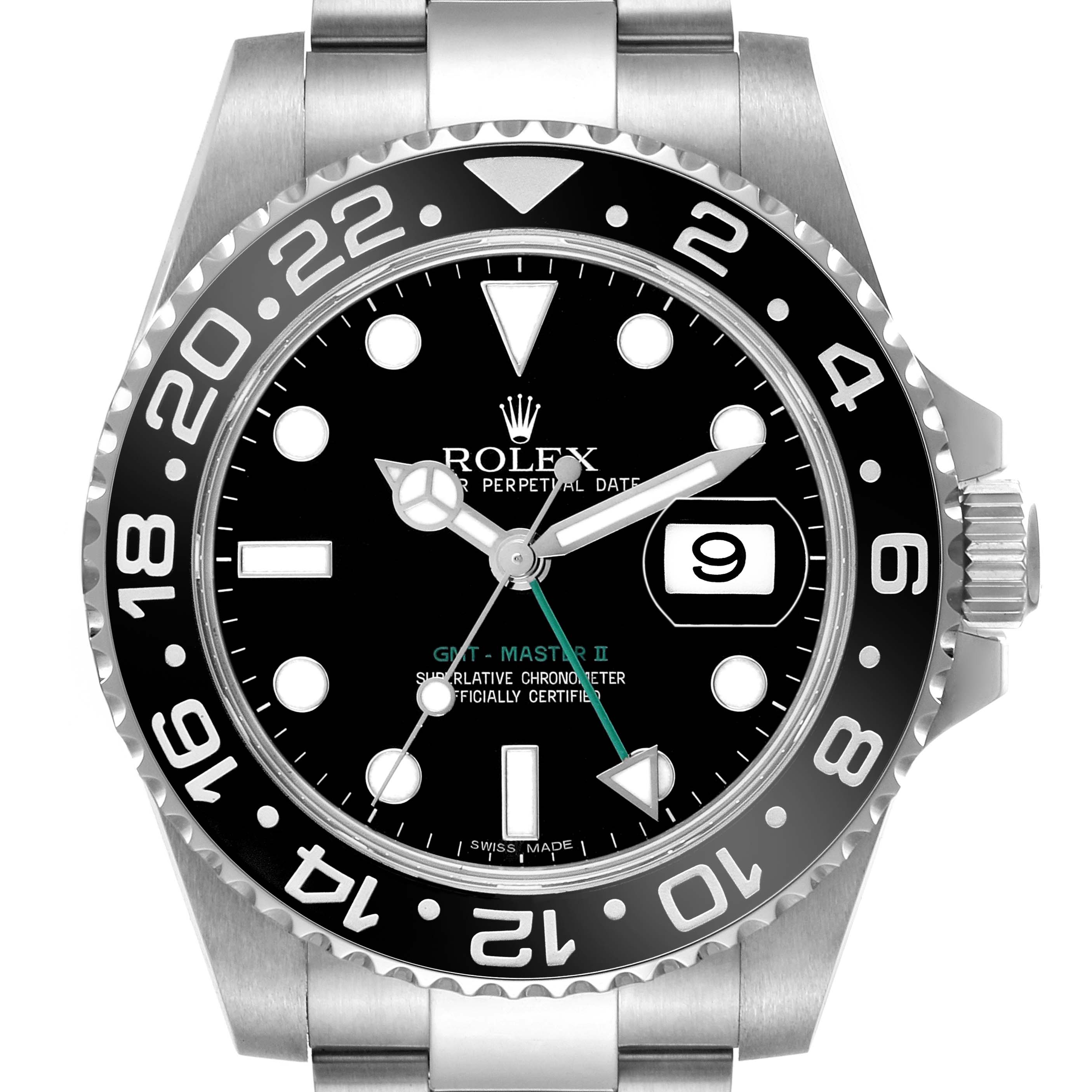 The image shows a front view of the Rolex GMT-Master 116710 Men's Stainless Steel Black Dial II watch, highlighting the dial, bezel, and bracelet.