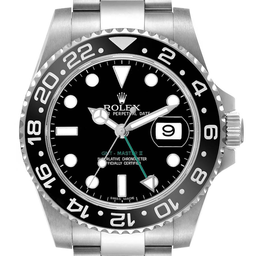 The image shows a front view of the Rolex GMT-Master 116710 Men's Stainless Steel Black Dial II watch, highlighting the dial, bezel, and bracelet.