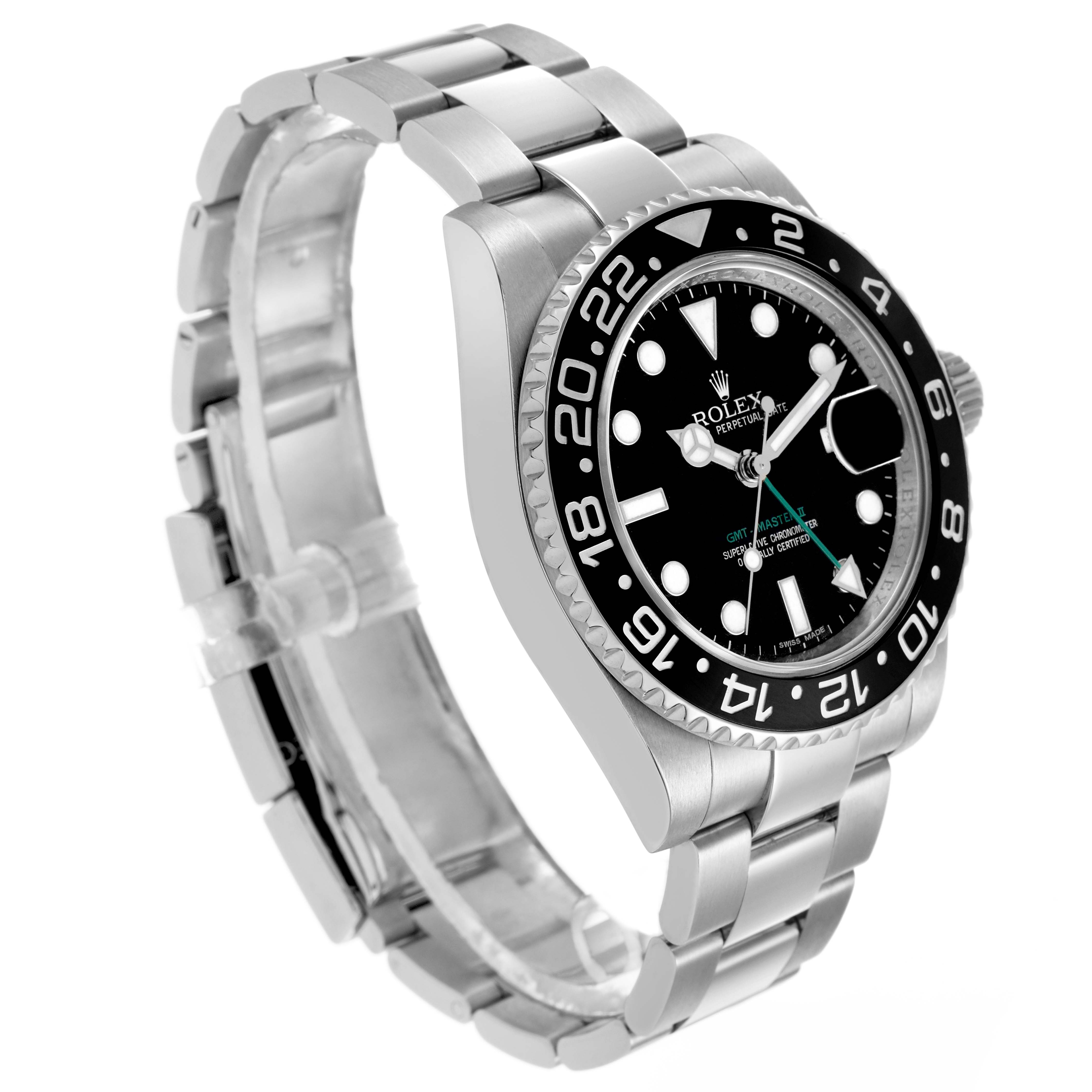 The Rolex GMT-Master 116710 Men's Stainless Steel Black Dial watch is shown at a side angle with a visible bracelet, bezel, and dial.