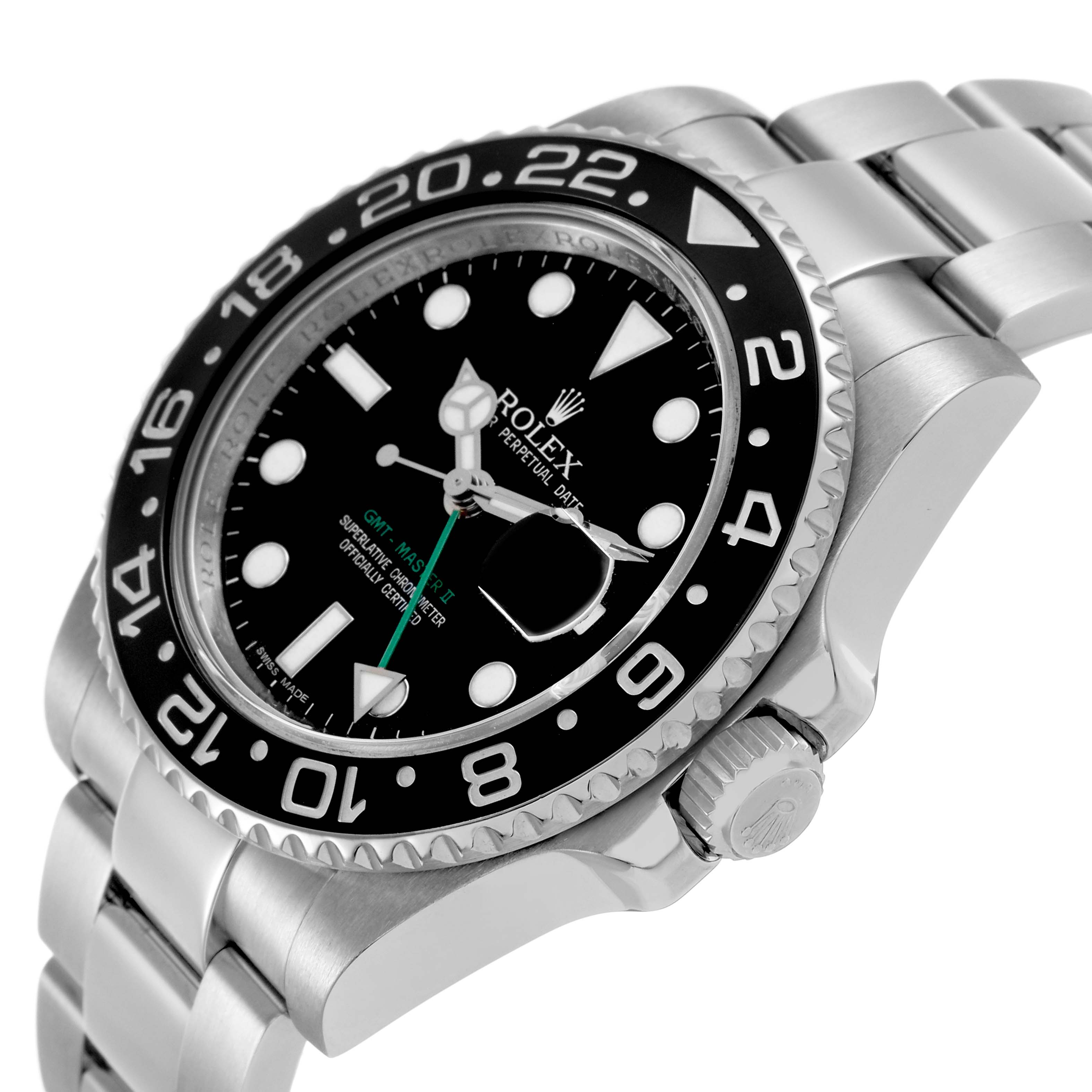 The Rolex GMT-Master 116710 Men's Stainless Steel Black Dial watch is angled to show the dial, bezel, side view of the case, and part of the bracelet.
