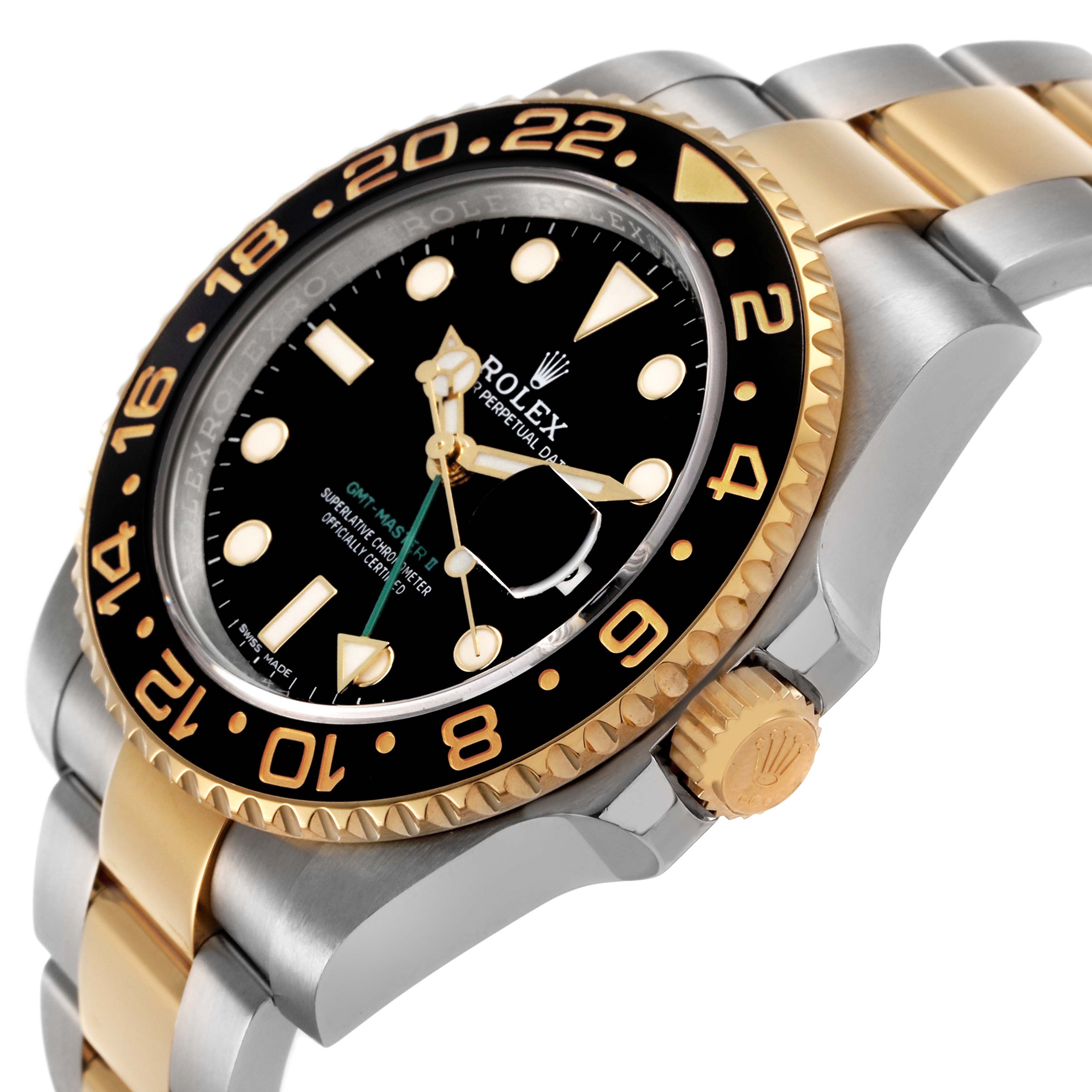 The Rolex GMT-Master 116713LN Men's Steel and Gold (two tone) Black Dial watch is shown at an angle highlighting the dial, bezel, crown, and part of the bracelet.