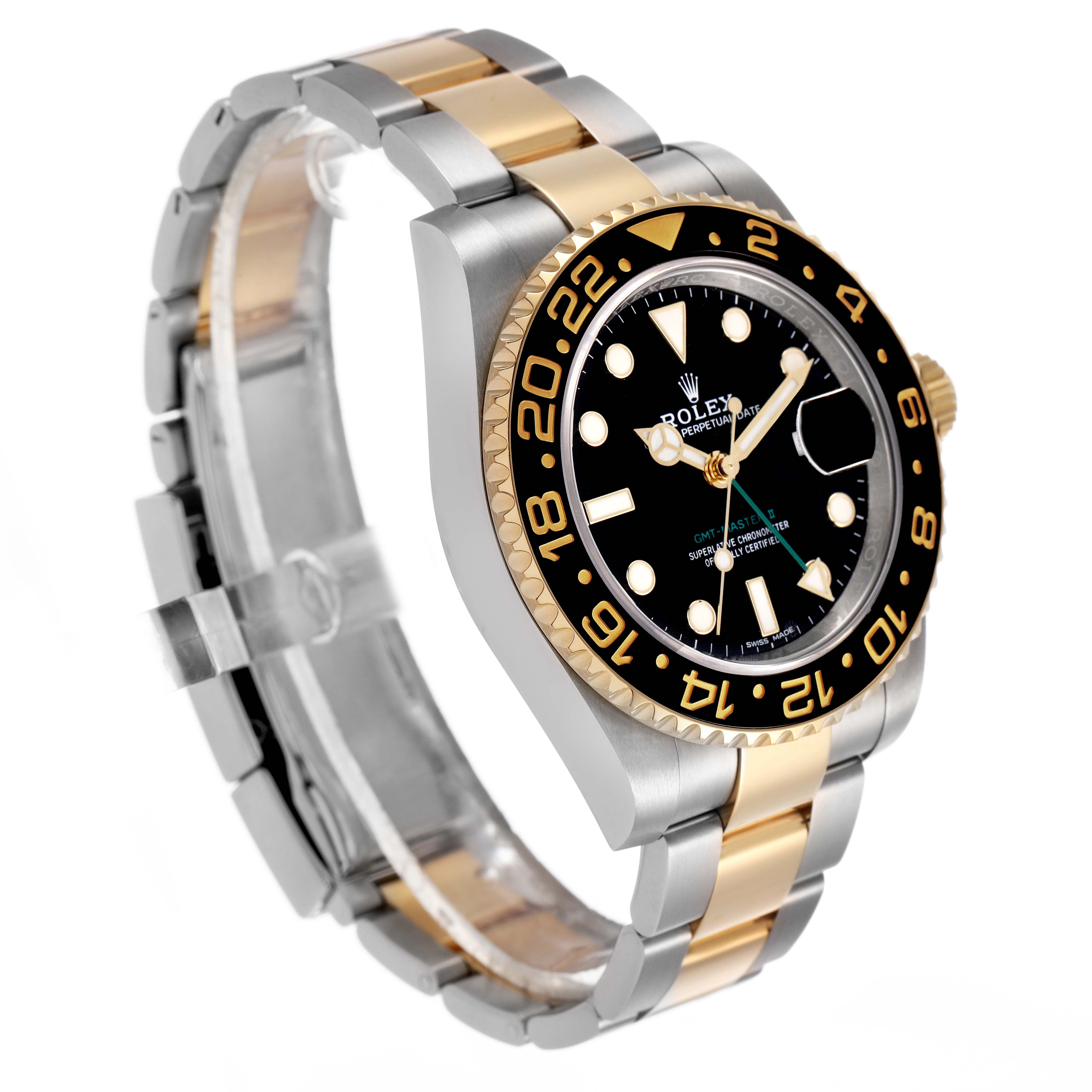 The Rolex GMT-Master 116713LN Men's Steel and Gold (two tone) Black Dial watch is shown at an angle showcasing the two-tone bracelet, bezel, and dial.