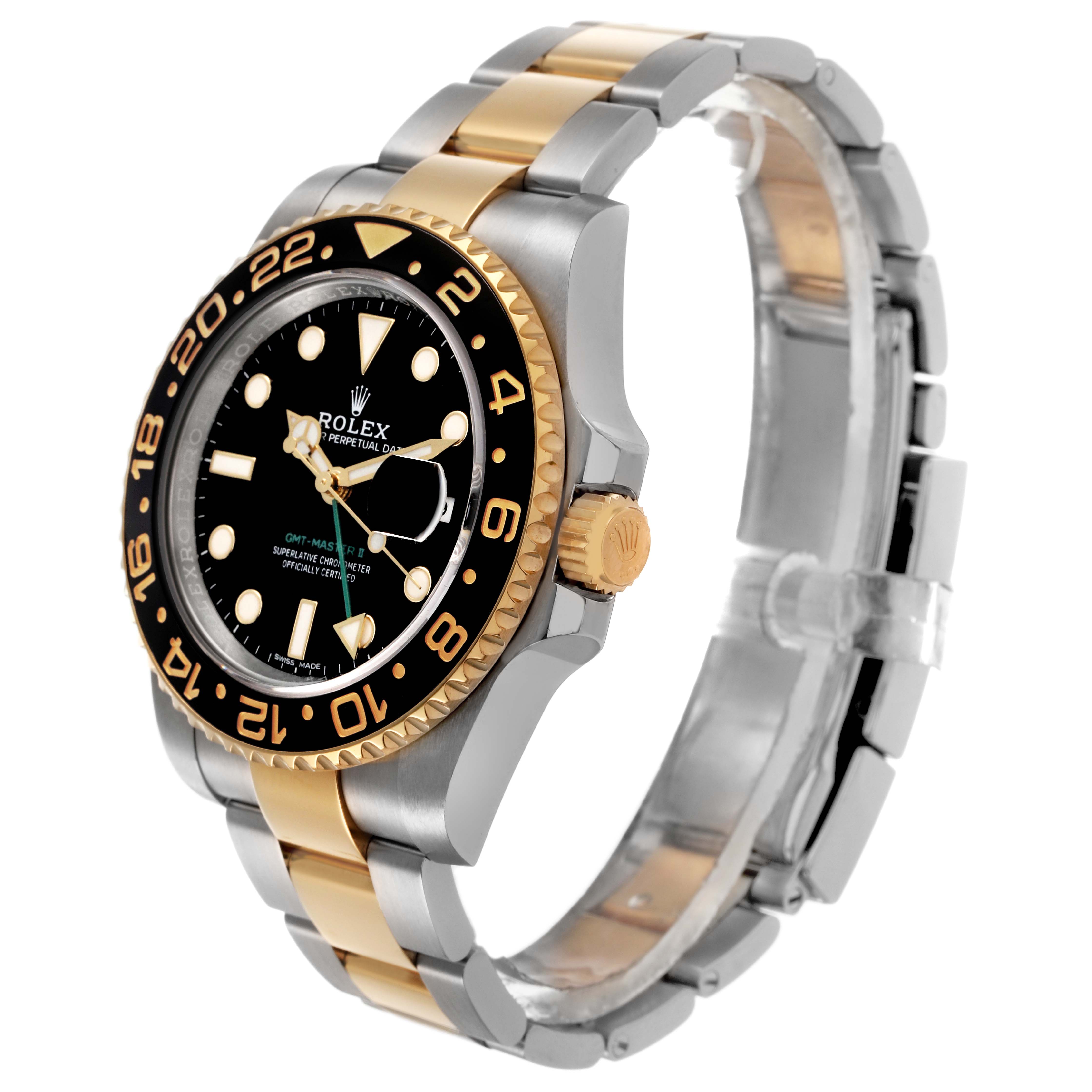 The Rolex GMT-Master 116713LN Men's Steel and Gold (two tone) Black Dial watch is shown at an oblique angle, highlighting the bezel, crown, and bracelet.