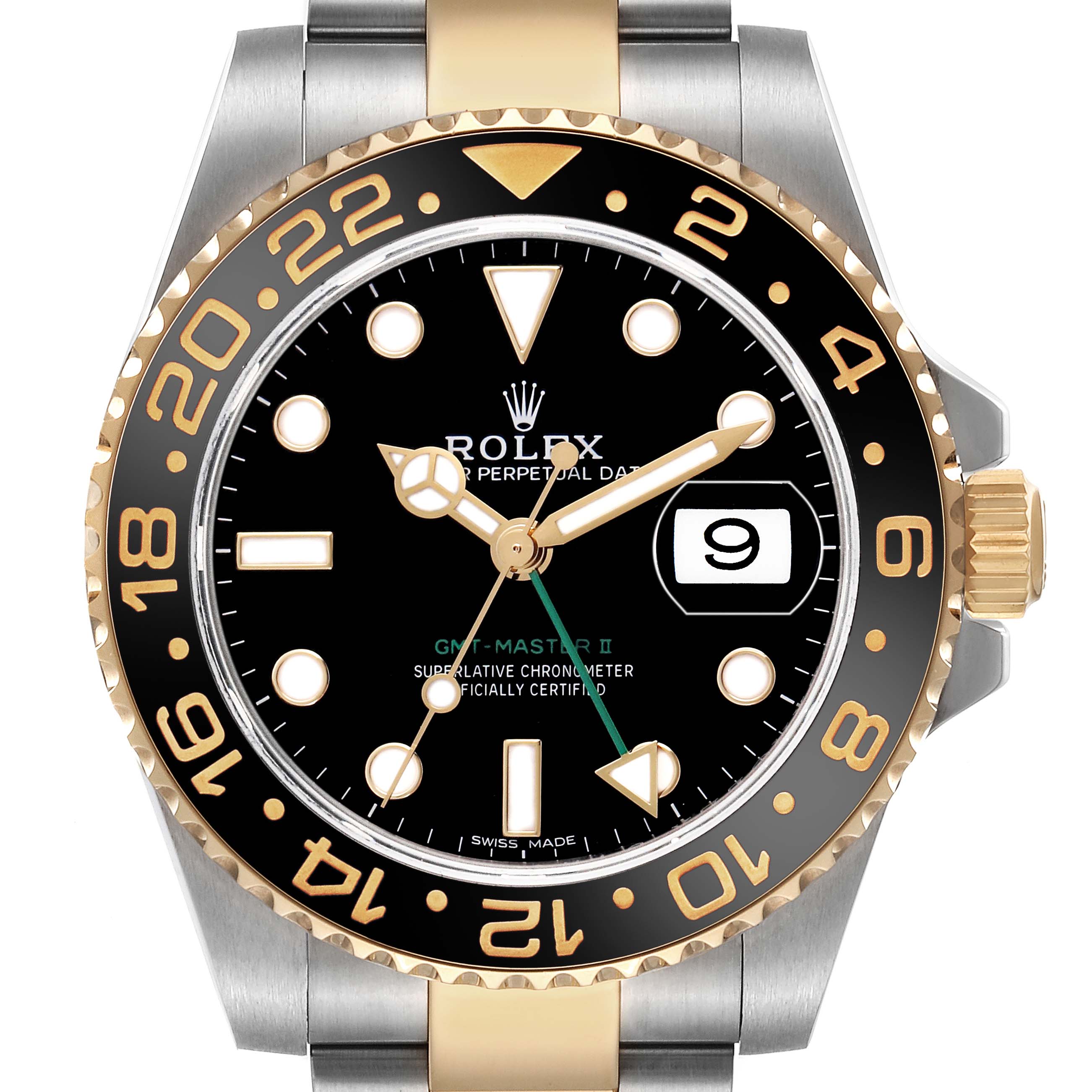 The Rolex GMT-Master 116713LN Men's Steel and Gold (two tone) Black Dial watch is shown from the front, displaying the bezel, dial, hands, and date window.