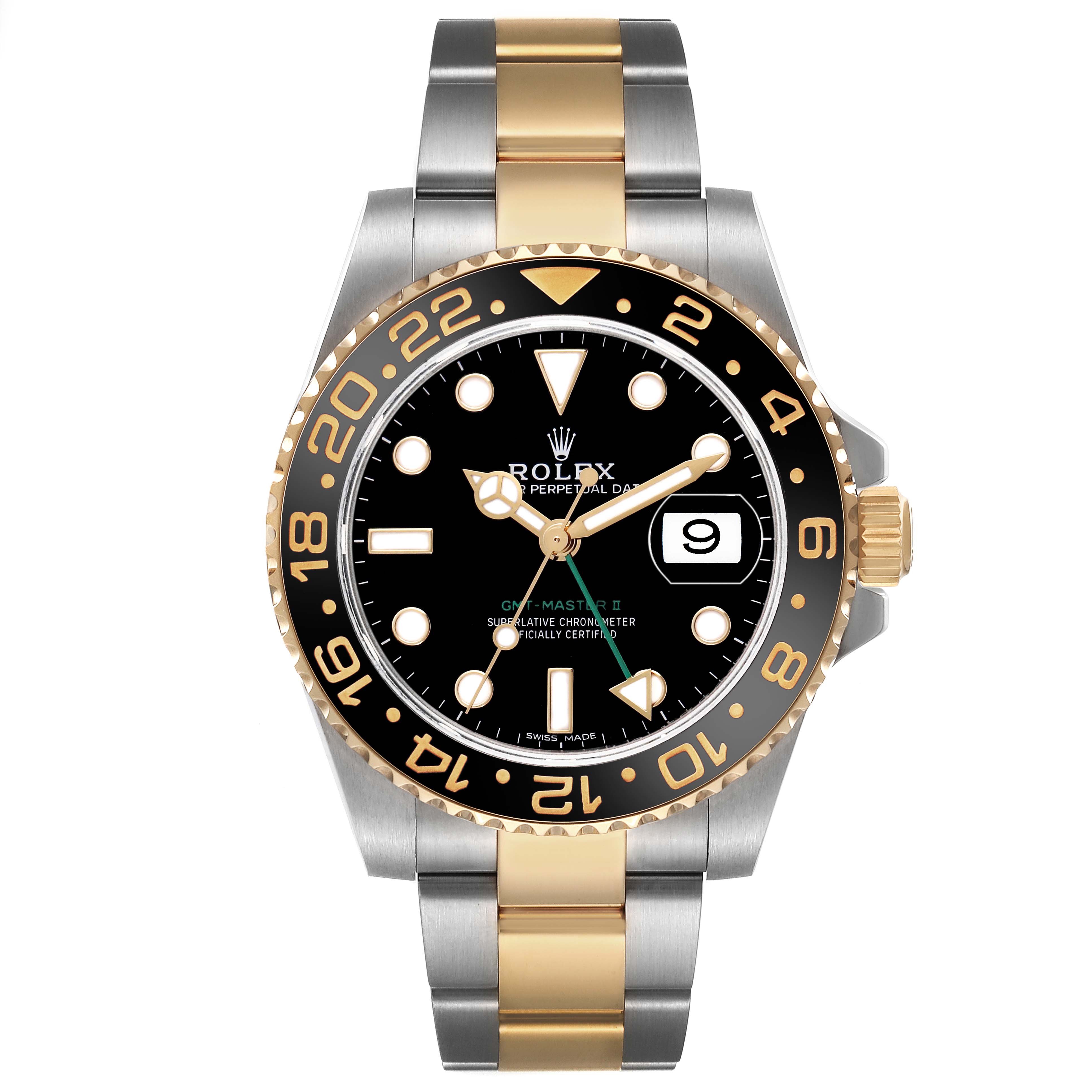 The Rolex GMT-Master 116713LN Men's Steel and Gold (two tone) Black Dial is shown front-facing, highlighting its bezel, dial, hands, and two-tone bracelet.