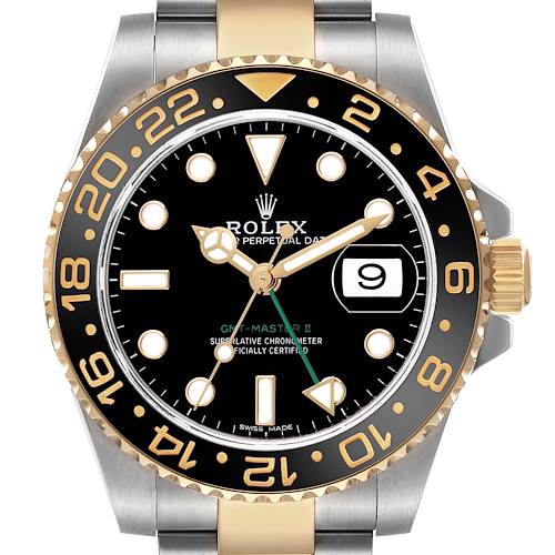 The Rolex GMT-Master 116713LN Men's Steel and Gold (two tone) Black Dial II watch is shown from the front, highlighting the dial, bezel, and crown.