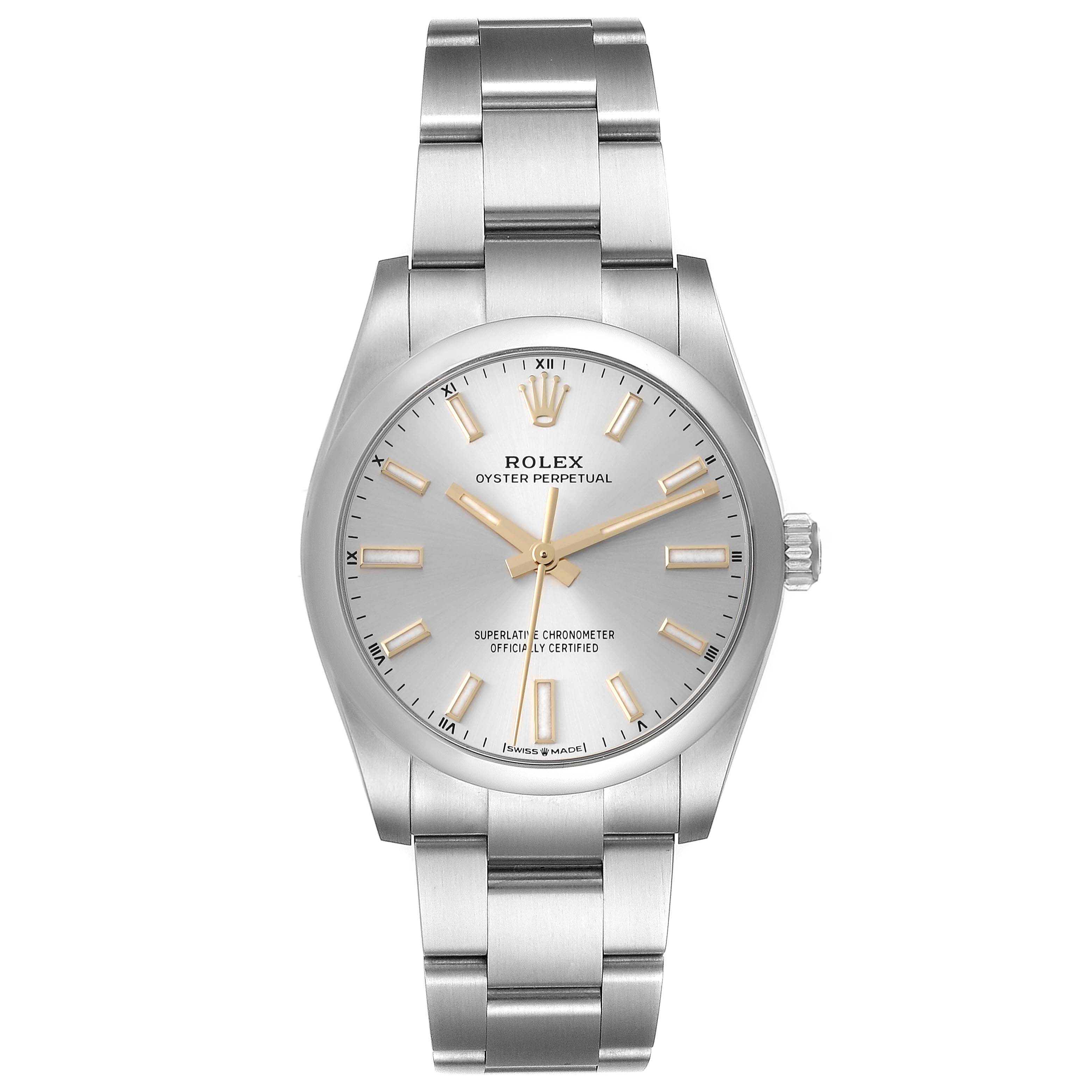 The image shows a front view of a Rolex Oyster Perpetual 124200 Men's Stainless Steel Silver Dial 124200 Men's Stainless Steel Silver Dial watch, displaying its dial, hands, markers, and bracelet.
