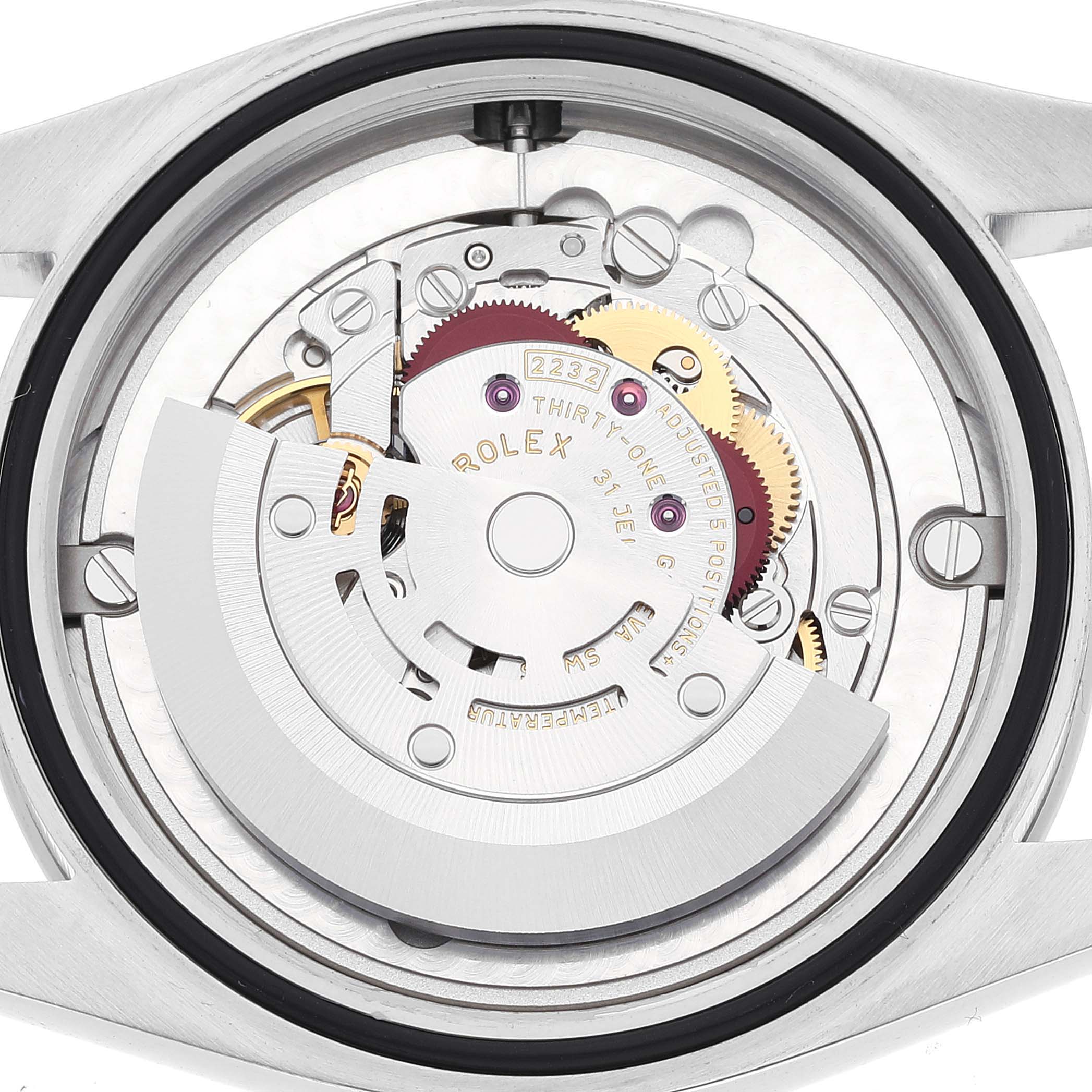 This is an internal view showing the movement and mechanism of a Rolex Oyster Perpetual 124200 Men's Stainless Steel Silver Dial 124200 Men's Stainless Steel Silver Dial watch.