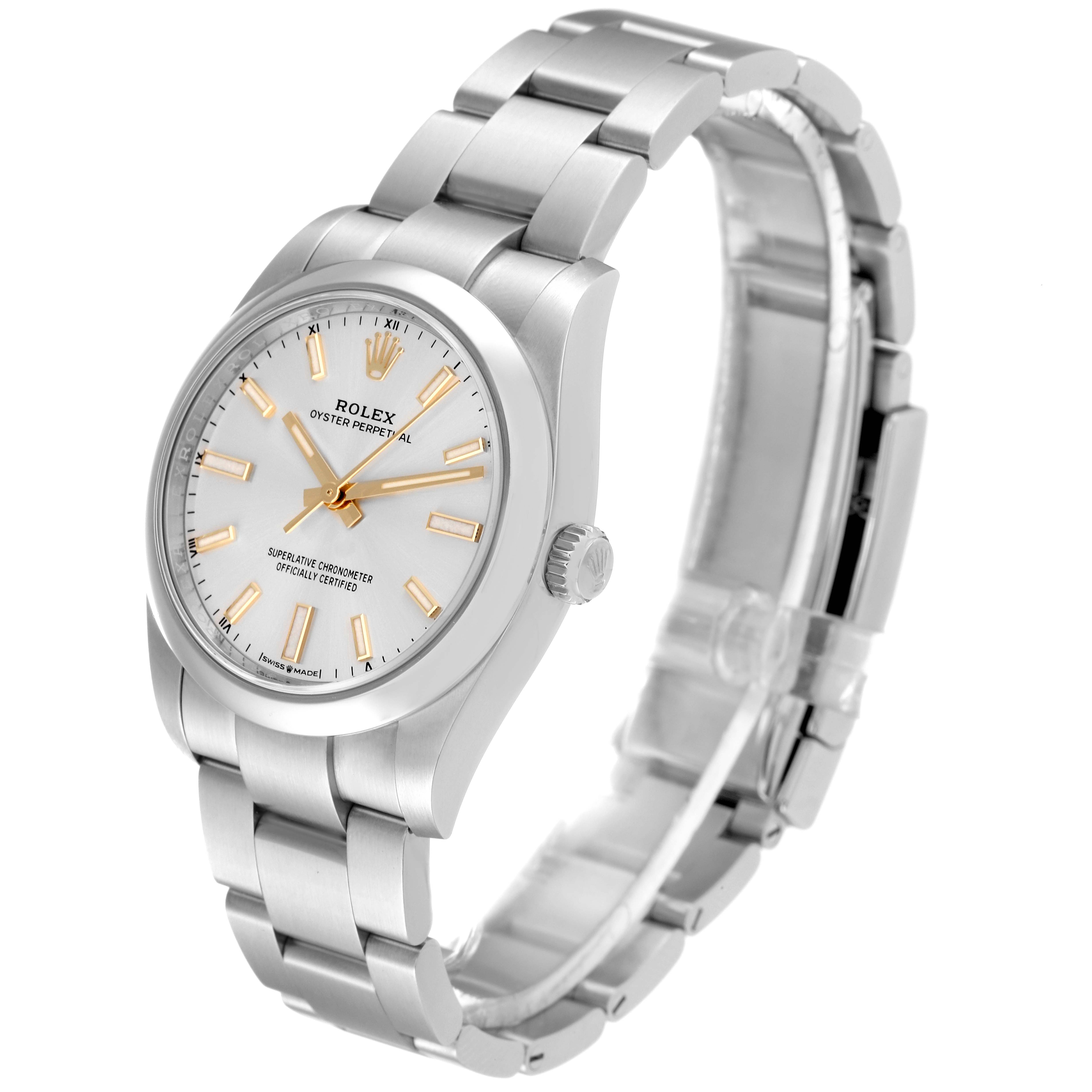 The image shows a side and front angle of a Rolex Oyster Perpetual 124200 Men's Stainless Steel Silver Dial 124200 Men's Stainless Steel Silver Dial watch, highlighting the dial, bracelet, and crown.