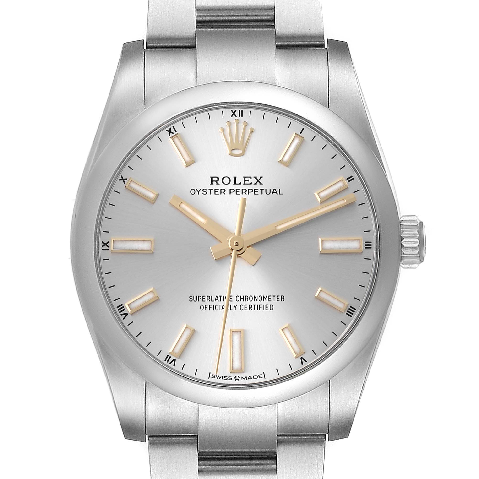 The image shows a front view of a Rolex Oyster Perpetual 124200 Men's Stainless Steel Silver Dial 124200 Men's Stainless Steel Silver Dial watch, highlighting the dial, hands, crown, and part of the bracelet.
