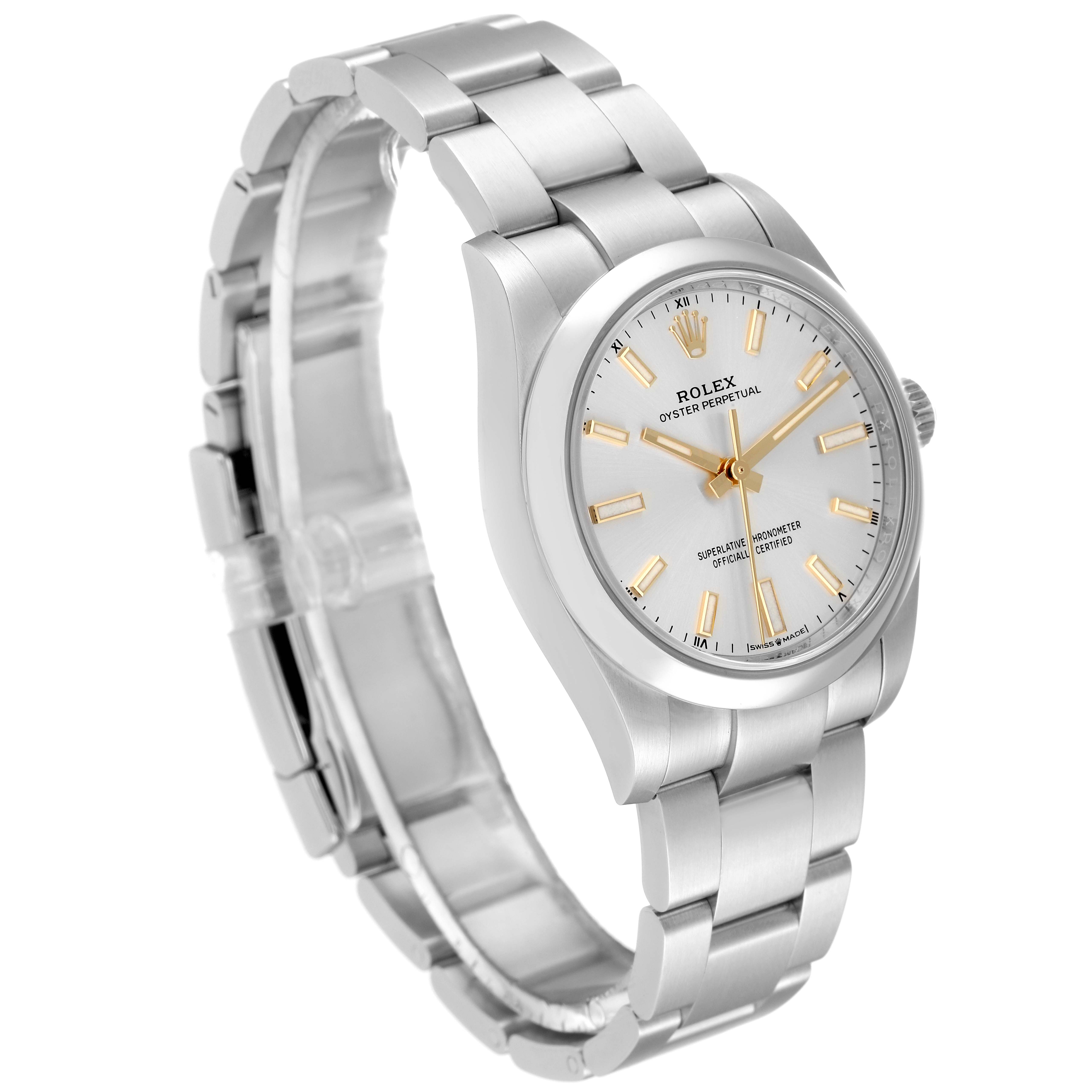 The image shows a Rolex Oyster Perpetual 124200 Men's Stainless Steel Silver Dial 124200 Men's Stainless Steel Silver Dial watch angled slightly to the left, highlighting the face, bracelet, and clasp.
