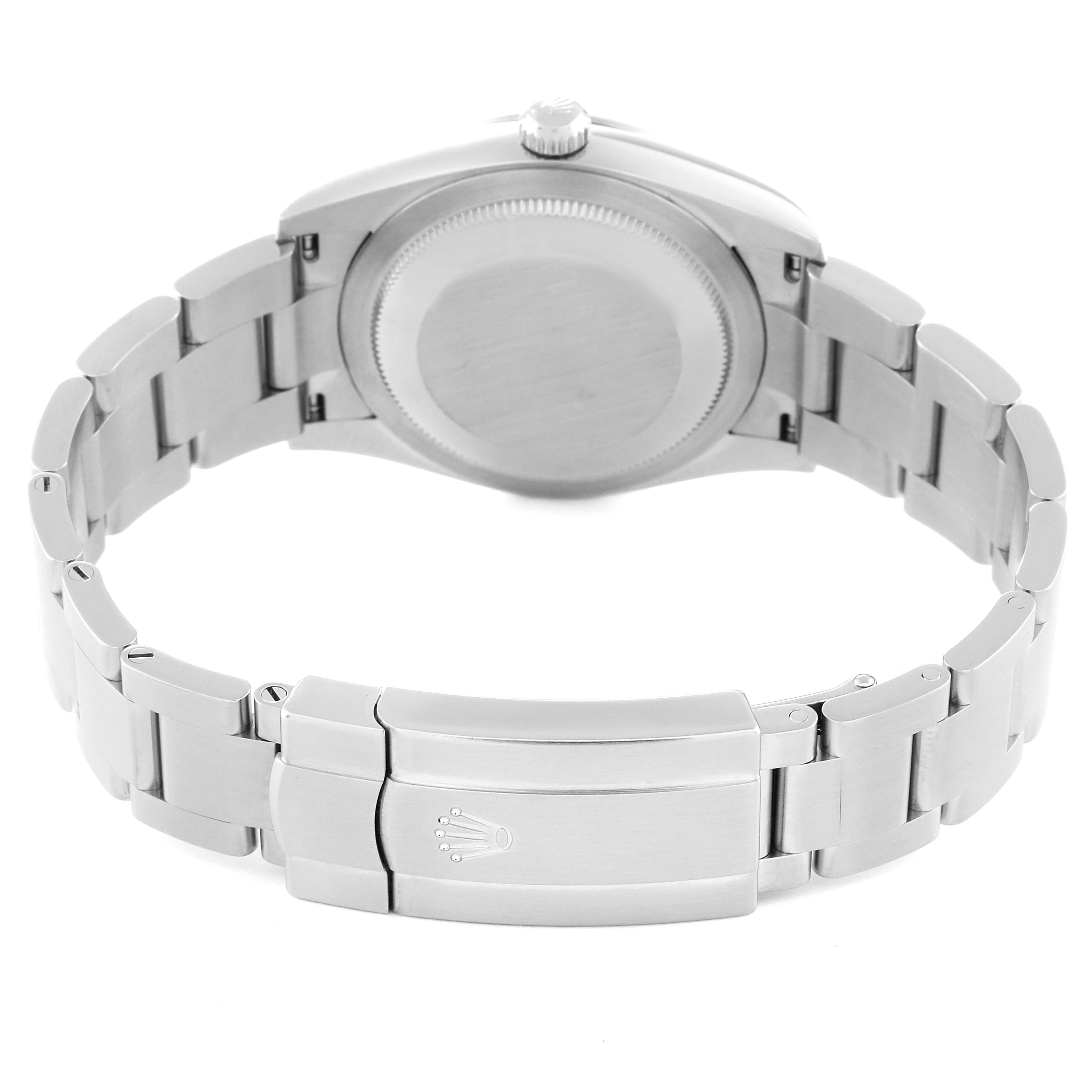 This is a rear view of the Rolex Oyster Perpetual 124200 Men's Stainless Steel Silver Dial 124200 Men's Stainless Steel Silver Dial watch, showing the clasp, bracelet, and caseback.