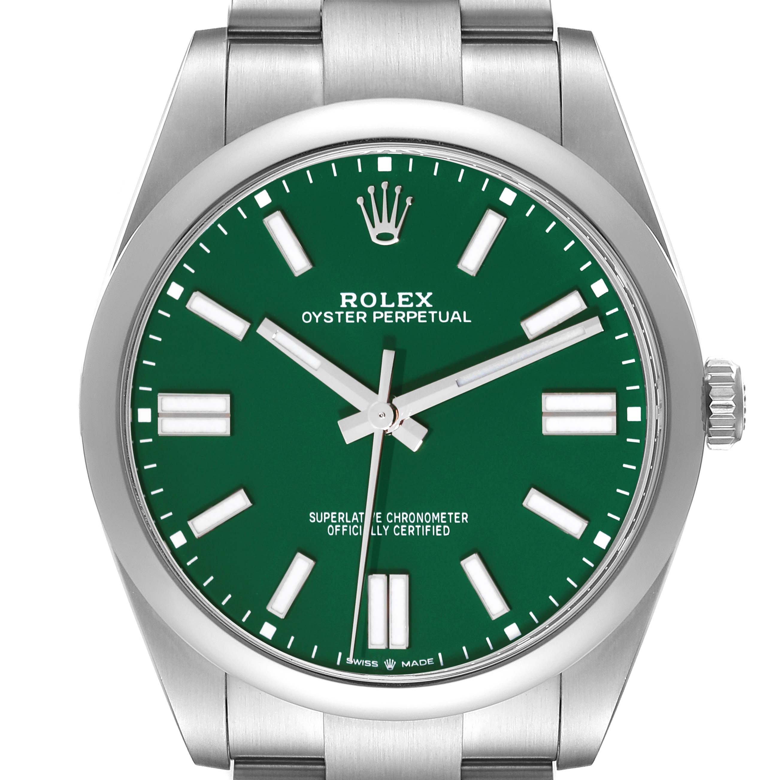 This image shows the front view of a Rolex Oyster Perpetual 124300 Men's Stainless Steel Green Dial 124300 Men's Stainless Steel Green Dial watch with a green dial and stainless steel bracelet.