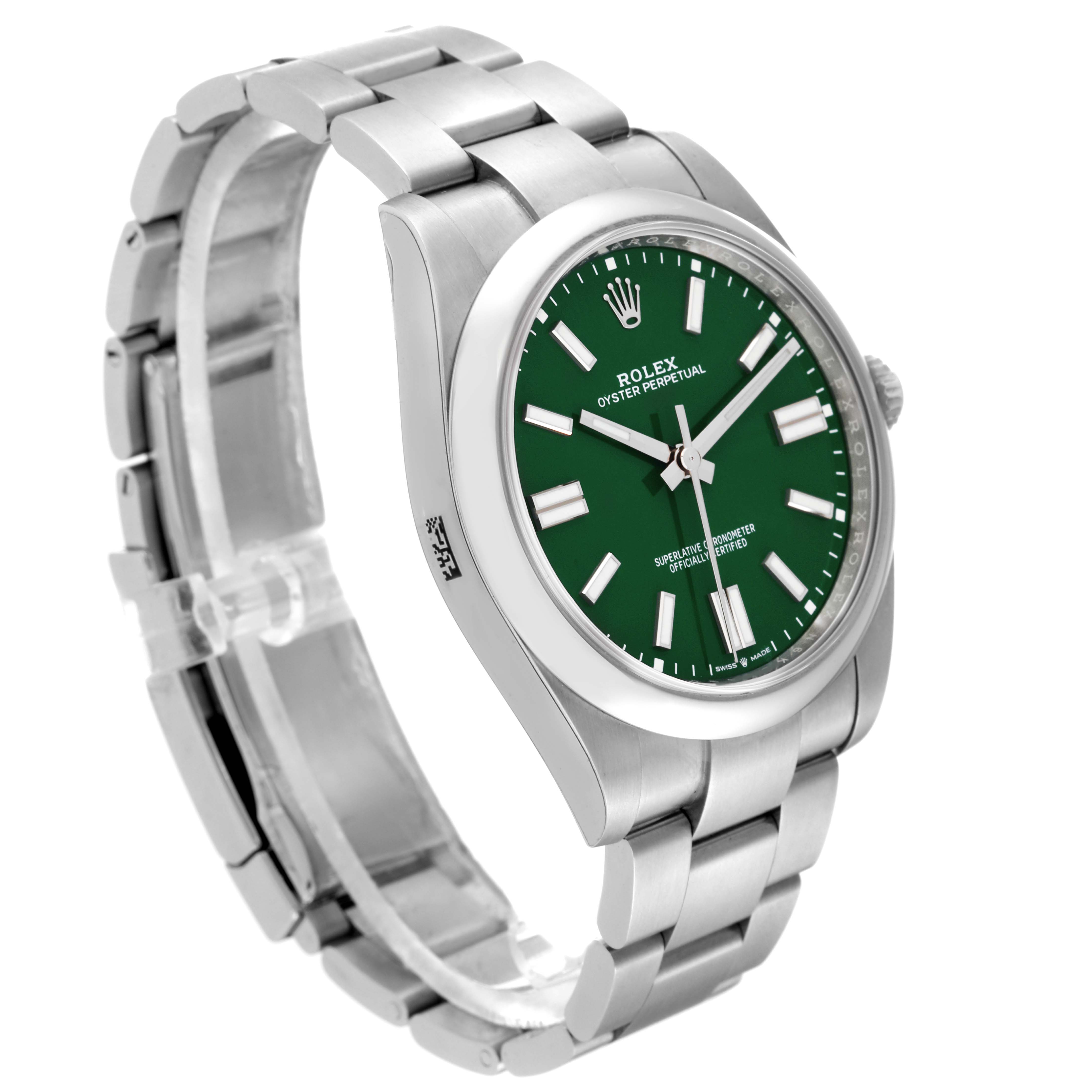 This image shows the full Oyster Perpetual model by Rolex from an angled side view, highlighting the green dial, bezel, and band.