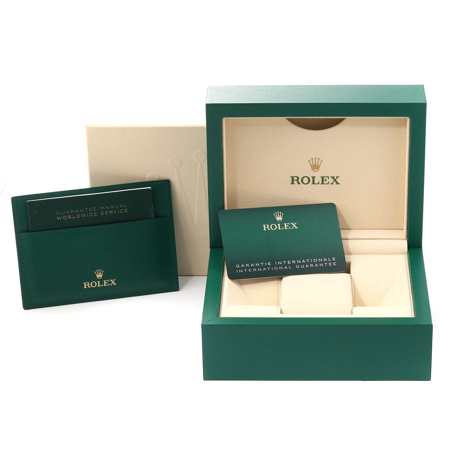 The image shows a Rolex Oyster Perpetual 124300 Men's Stainless Steel Green Dial 124300 Men's Stainless Steel Green Dial box, guarantee manual, and international guarantee card.