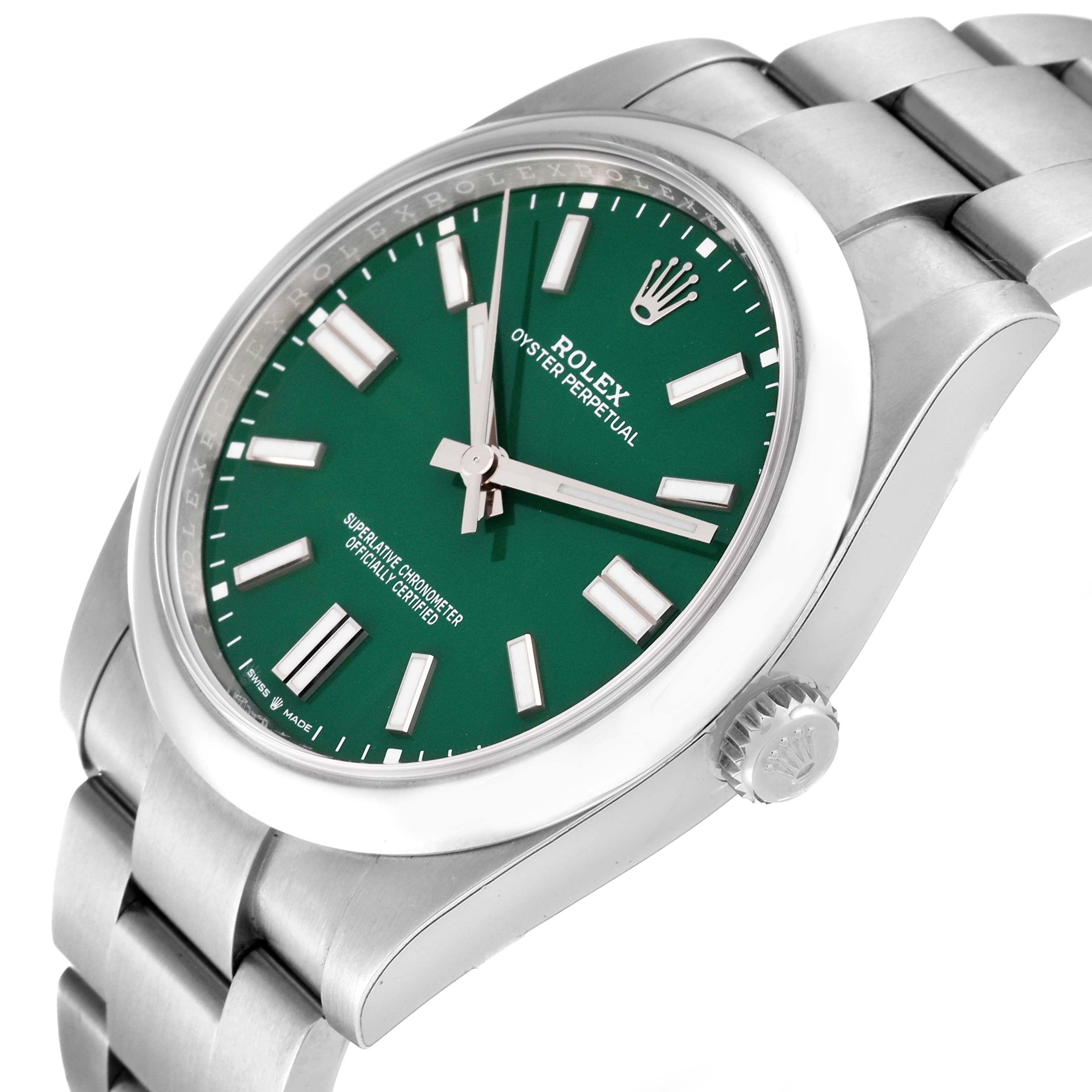 The Rolex Oyster Perpetual 124300 Men's Stainless Steel Green Dial 124300 Men's Stainless Steel Green Dial watch is shown at a three-quarter angle, featuring its green dial, case, and bracelet.