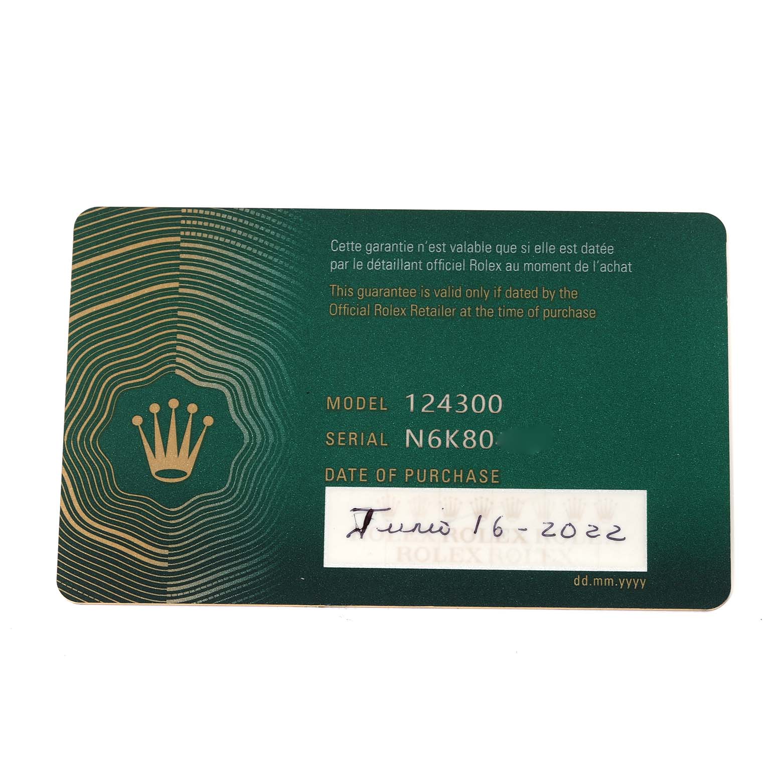 The image shows a warranty card for the Rolex Oyster Perpetual 124300 Men's Stainless Steel Green Dial 124300 Men's Stainless Steel Green Dial model 124300, displaying the model, serial number, and purchase date.