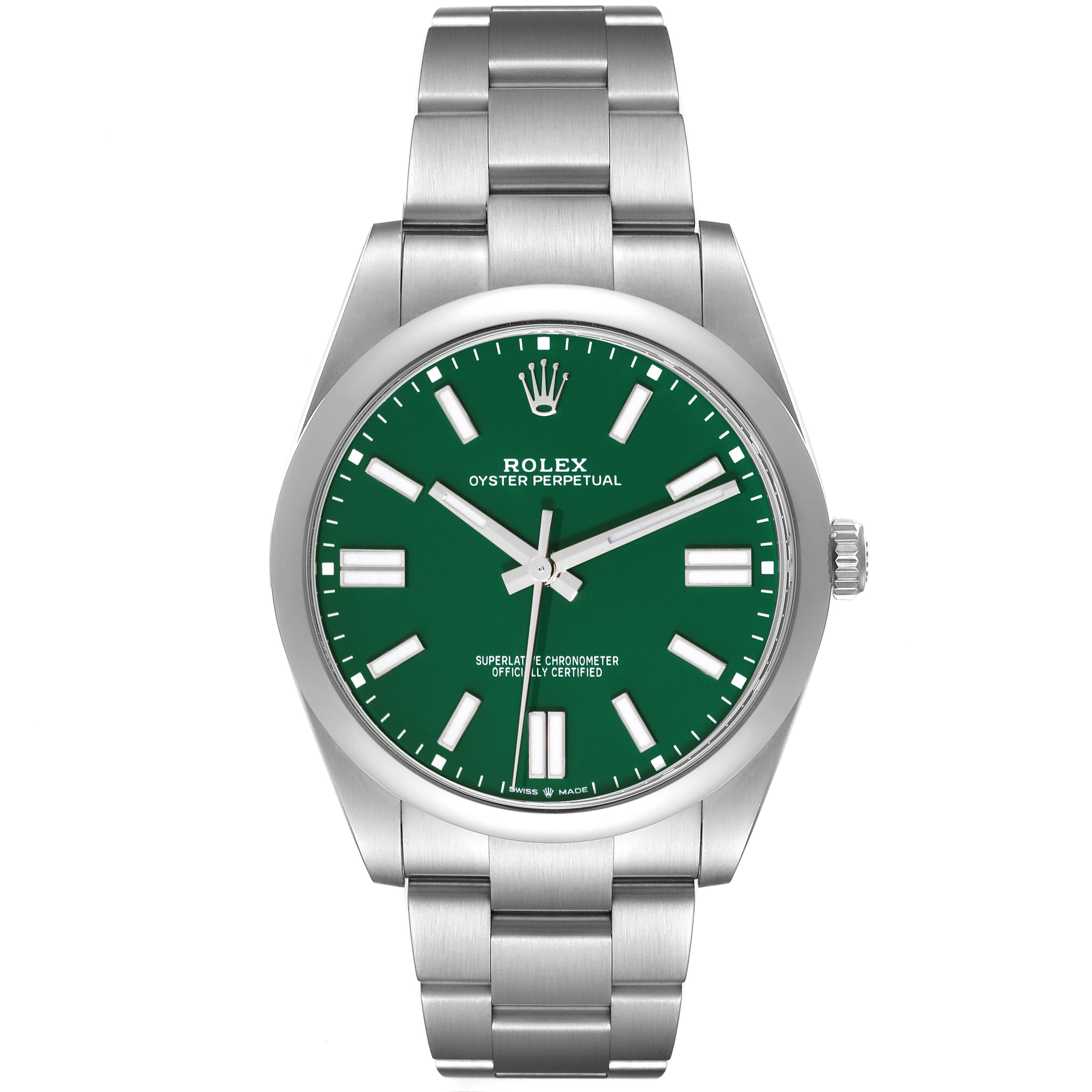 The image shows a front view of a Rolex Oyster Perpetual 124300 Men's Stainless Steel Green Dial 124300 Men's Stainless Steel Green Dial watch with a green dial and stainless steel bracelet.