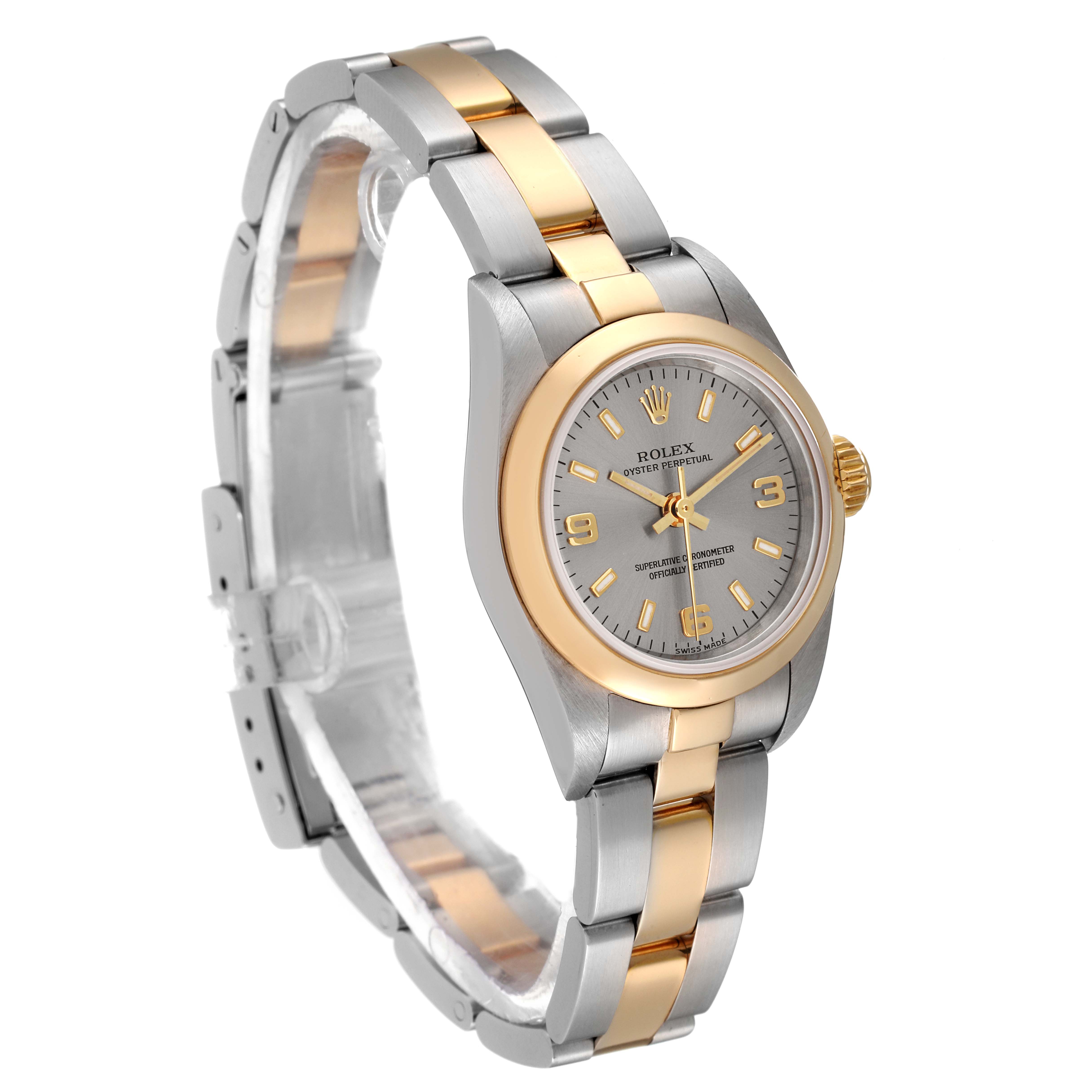 The image shows a side and front angle of a Rolex Oyster Perpetual 76183 Women's Steel and Gold (two tone) Grey Dial 76183 Women's Steel and Gold (two tone) Grey Dial watch, highlighting the bracelet, dial, and bezel.