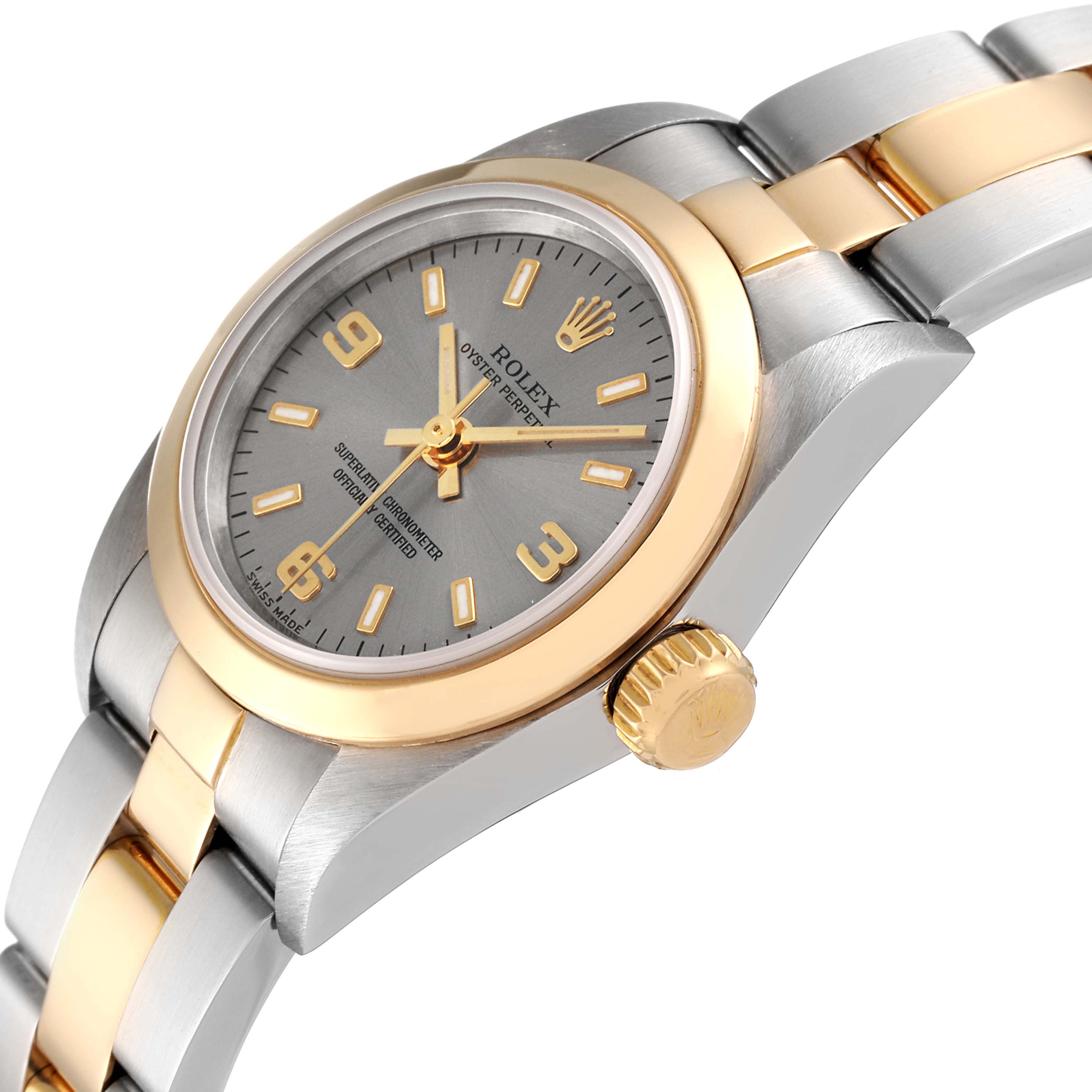 The image shows a Rolex Oyster Perpetual 76183 Women's Steel and Gold (two tone) Grey Dial 76183 Women's Steel and Gold (two tone) Grey Dial watch angled to display the dial, crown, and part of the bracelet.