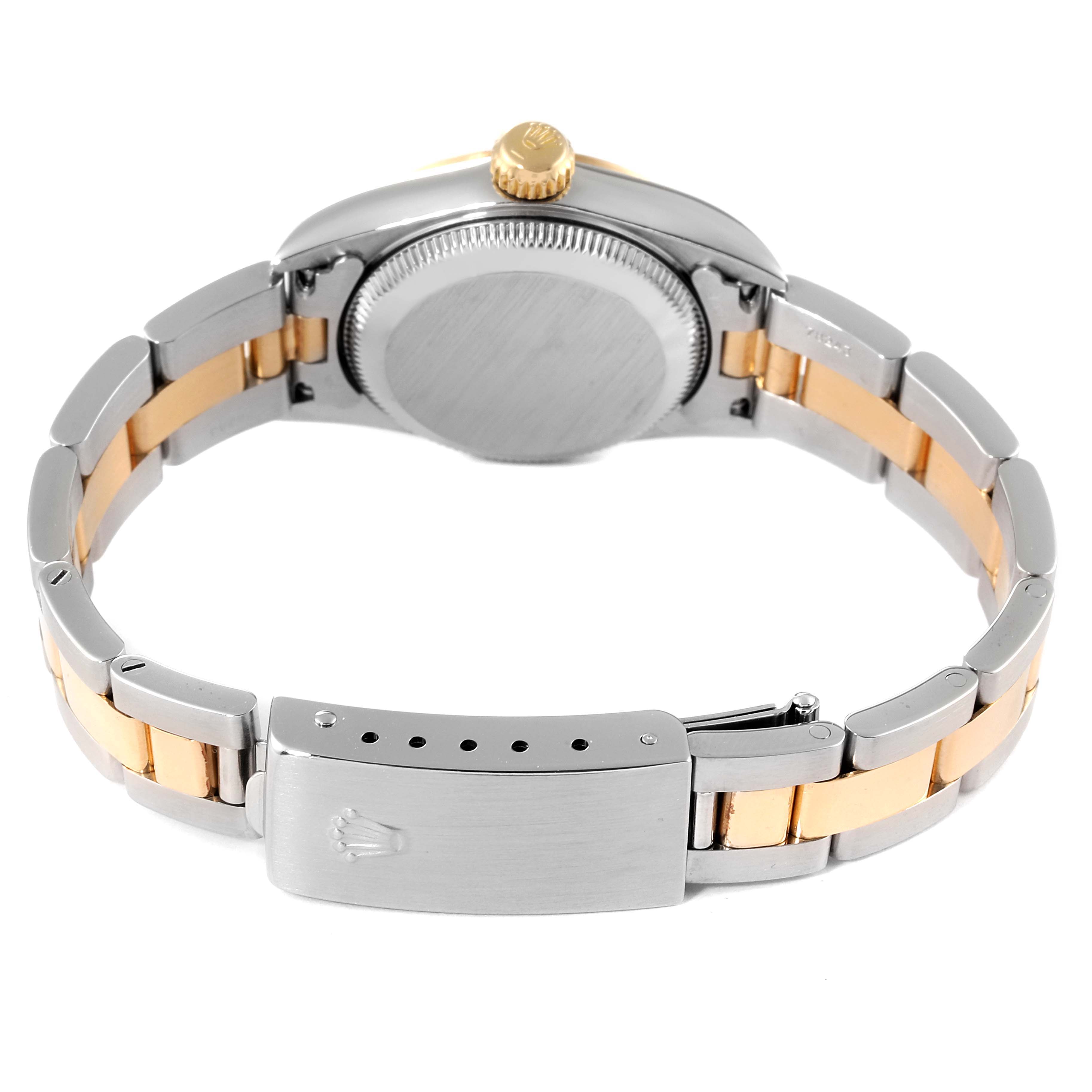 The image shows the back view of the Rolex Oyster Perpetual 76183 Women's Steel and Gold (two tone) Grey Dial 76183 Women's Steel and Gold (two tone) Grey Dial watch, displaying its case back, crown, and two-tone bracelet from the rear.