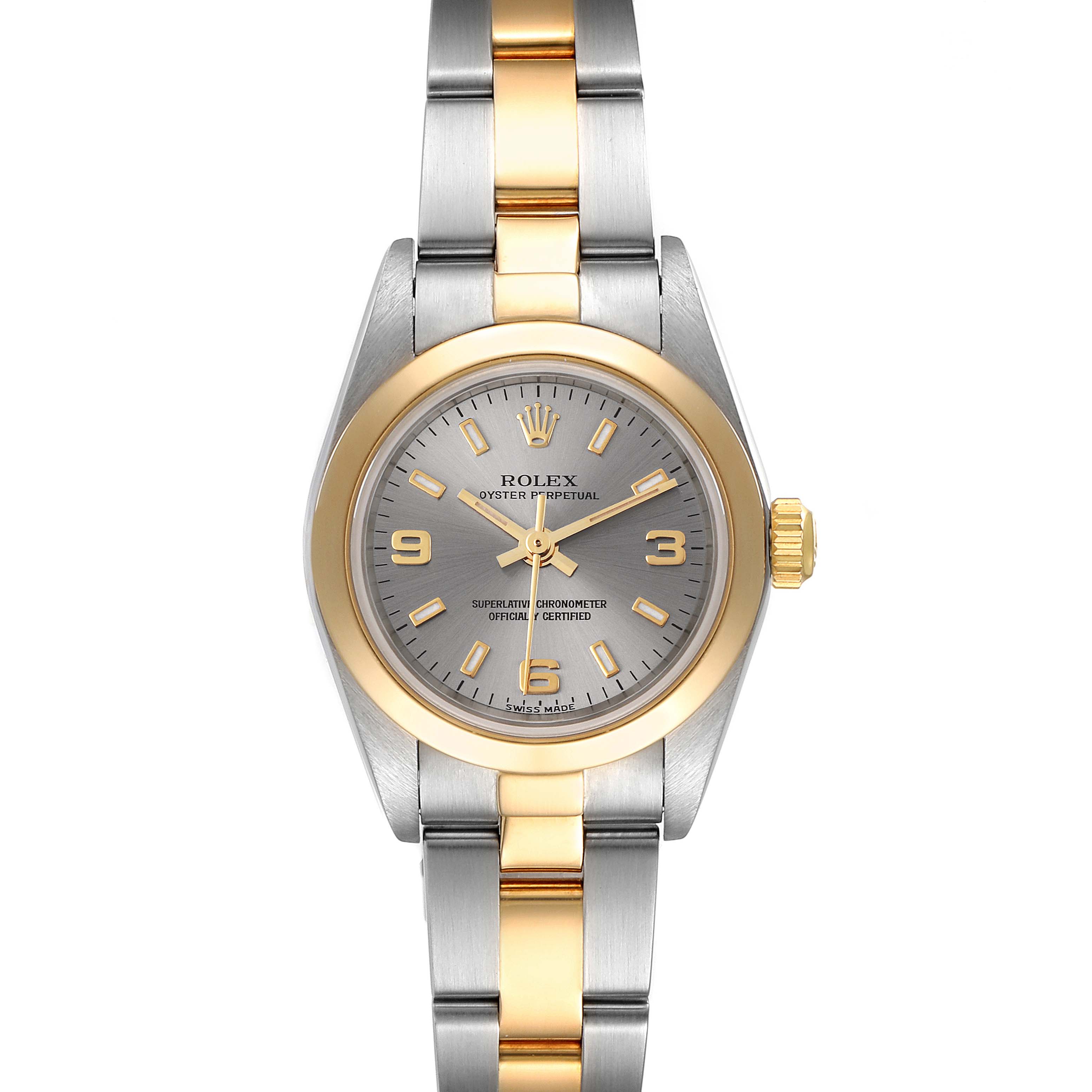 This image shows a frontal view of the Rolex Oyster Perpetual 76183 Women's Steel and Gold (two tone) Grey Dial 76183 Women's Steel and Gold (two tone) Grey Dial watch with a grey dial and two-tone bracelet.