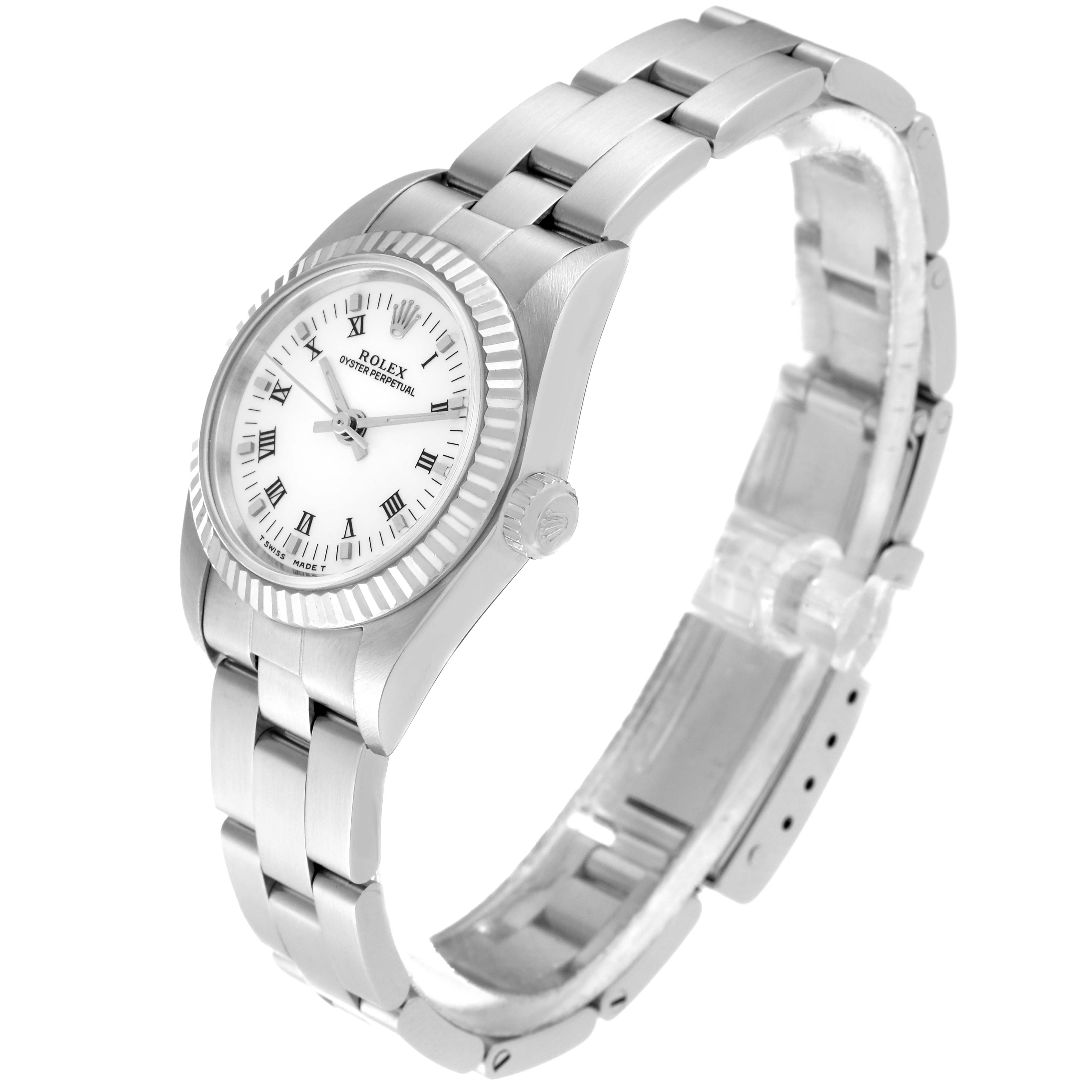 The image shows a Rolex Oyster Perpetual 76094 Women's Stainless Steel White Dial 76094 Women's Stainless Steel White Dial watch from a three-quarter angle, highlighting the face and bracelet.