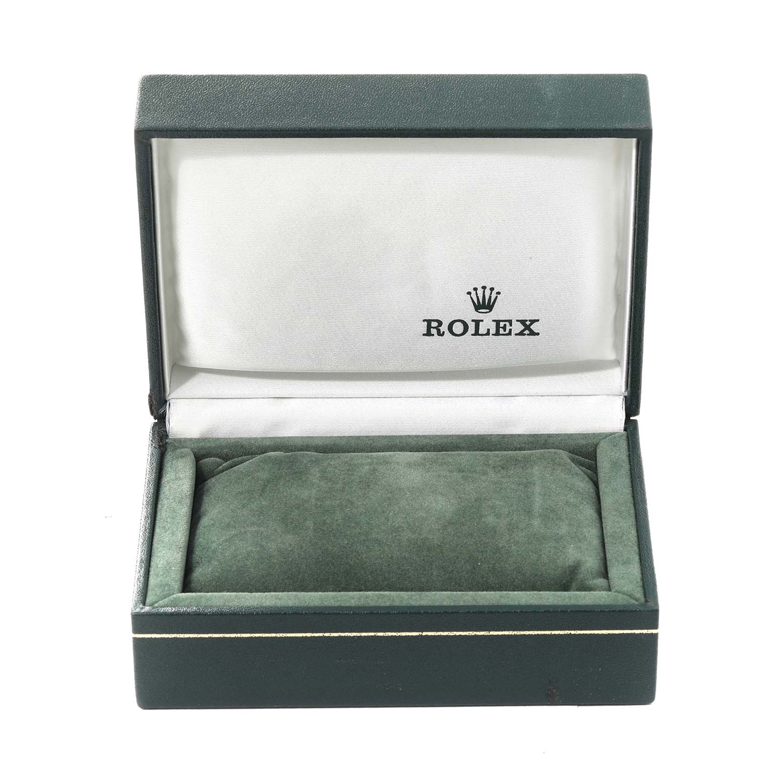 This image shows an open Rolex watch box designed for the Oyster Perpetual model, featuring the brand's logo on the inside lid.