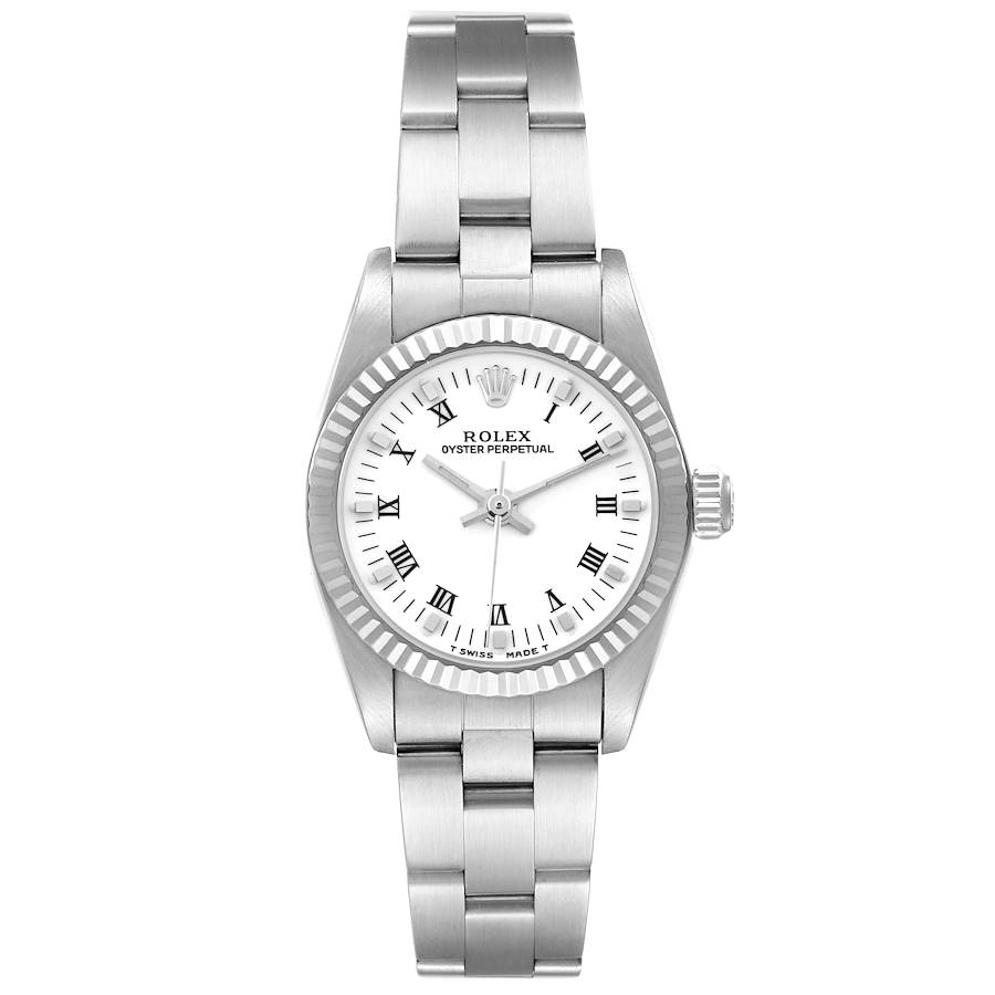This image shows a Rolex Oyster Perpetual watch from a front angle, highlighting its white dial, roman numerals, stainless steel bracelet, and fluted bezel.