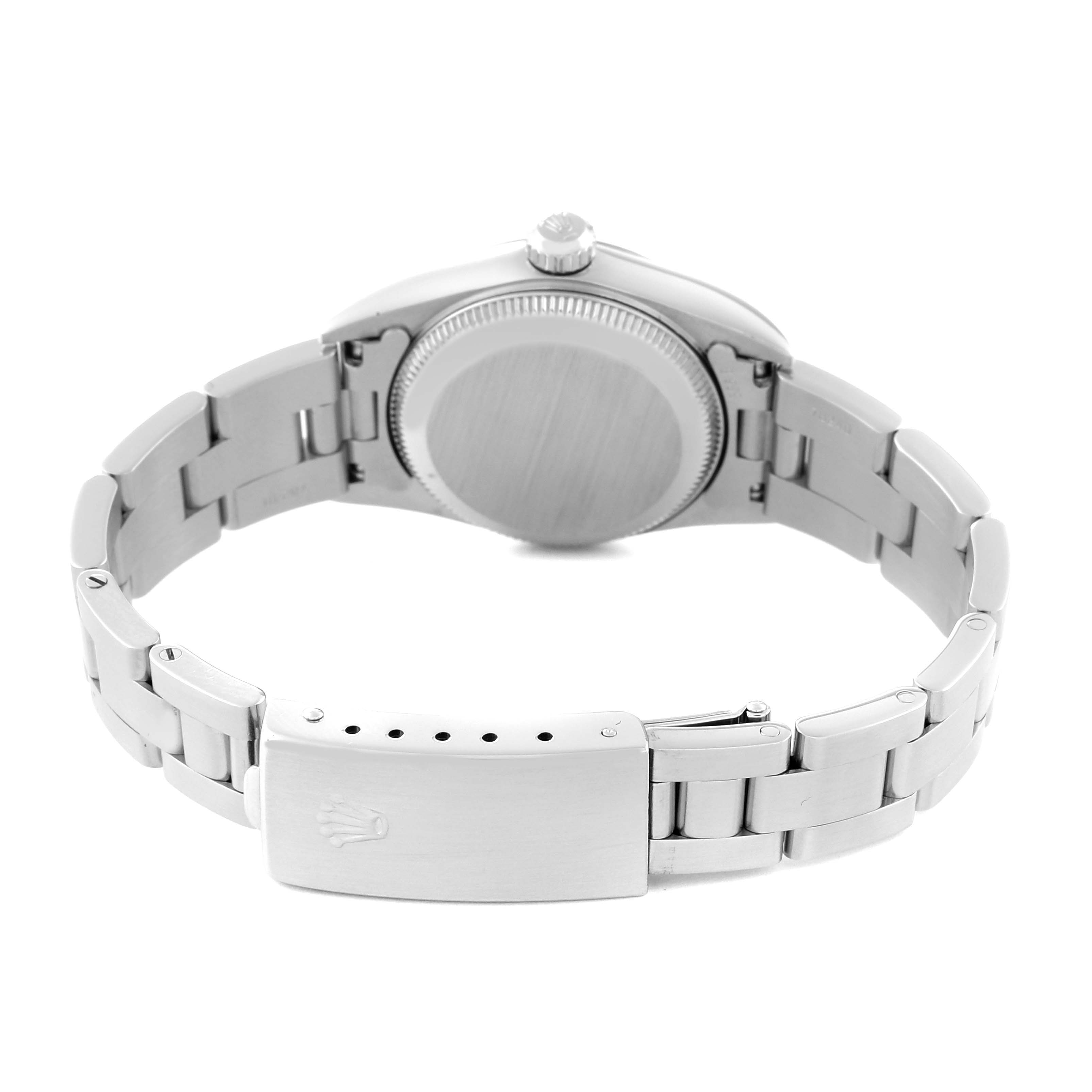 The image shows the back of the watch case and the clasp of the bracelet for a Rolex Oyster Perpetual 76094 Women's Stainless Steel White Dial 76094 Women's Stainless Steel White Dial model.