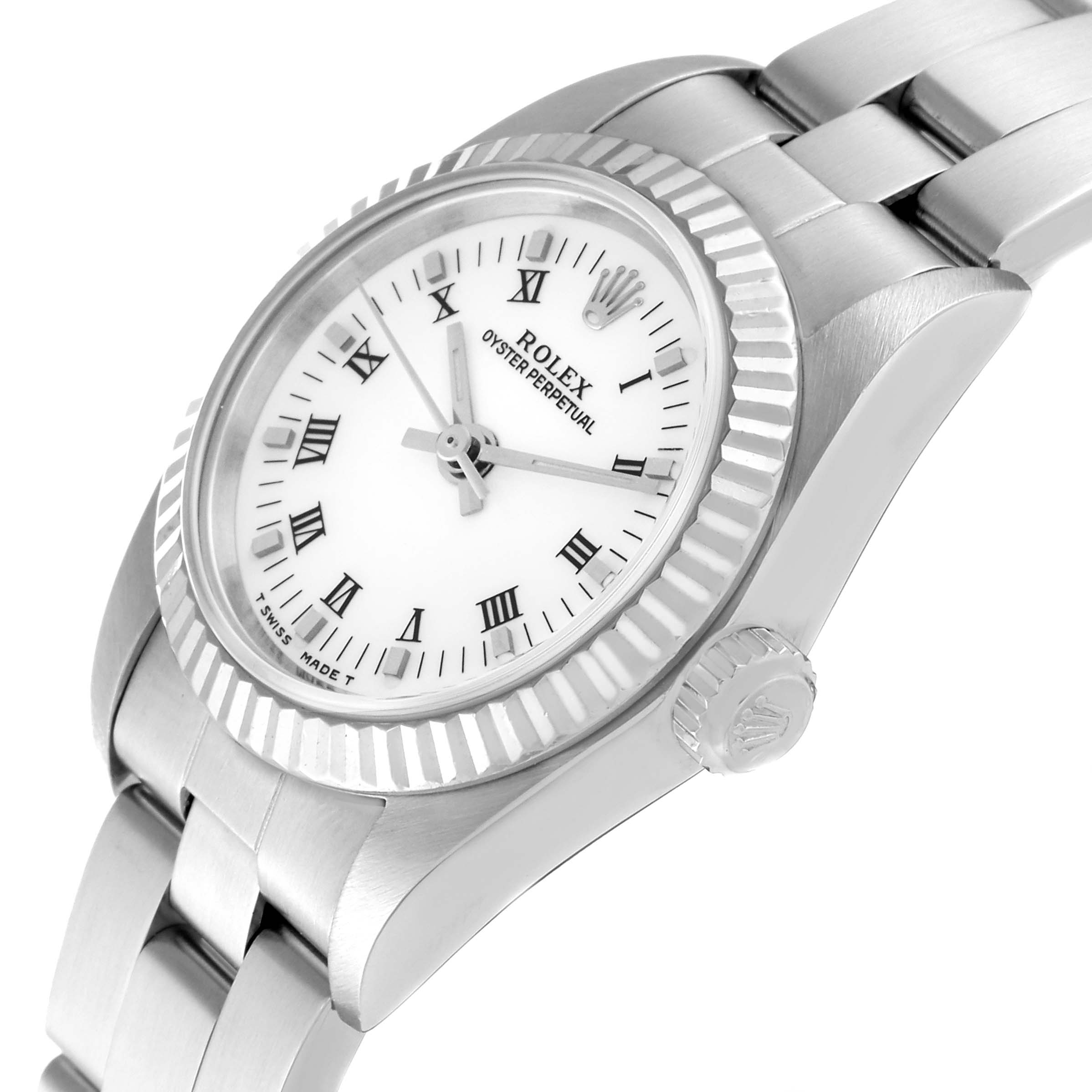 This image shows a Rolex Oyster Perpetual 76094 Women's Stainless Steel White Dial 76094 Women's Stainless Steel White Dial watch at an oblique angle, highlighting its dial, bezel, crown, and part of the bracelet.