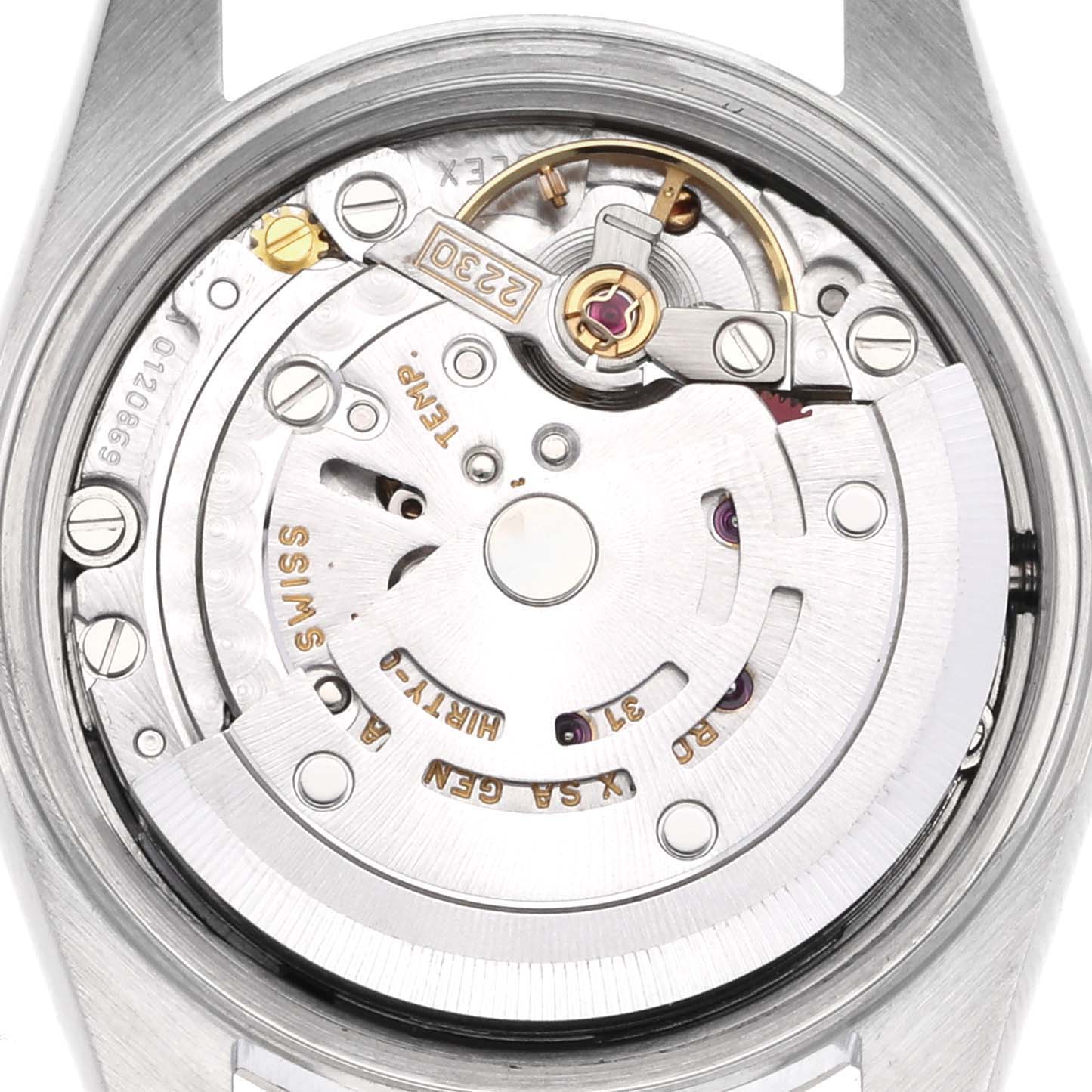 This is a close-up view of the internal mechanism of a Rolex Oyster Perpetual 76094 Women's Stainless Steel White Dial 76094 Women's Stainless Steel White Dial watch, showcasing its intricate components.