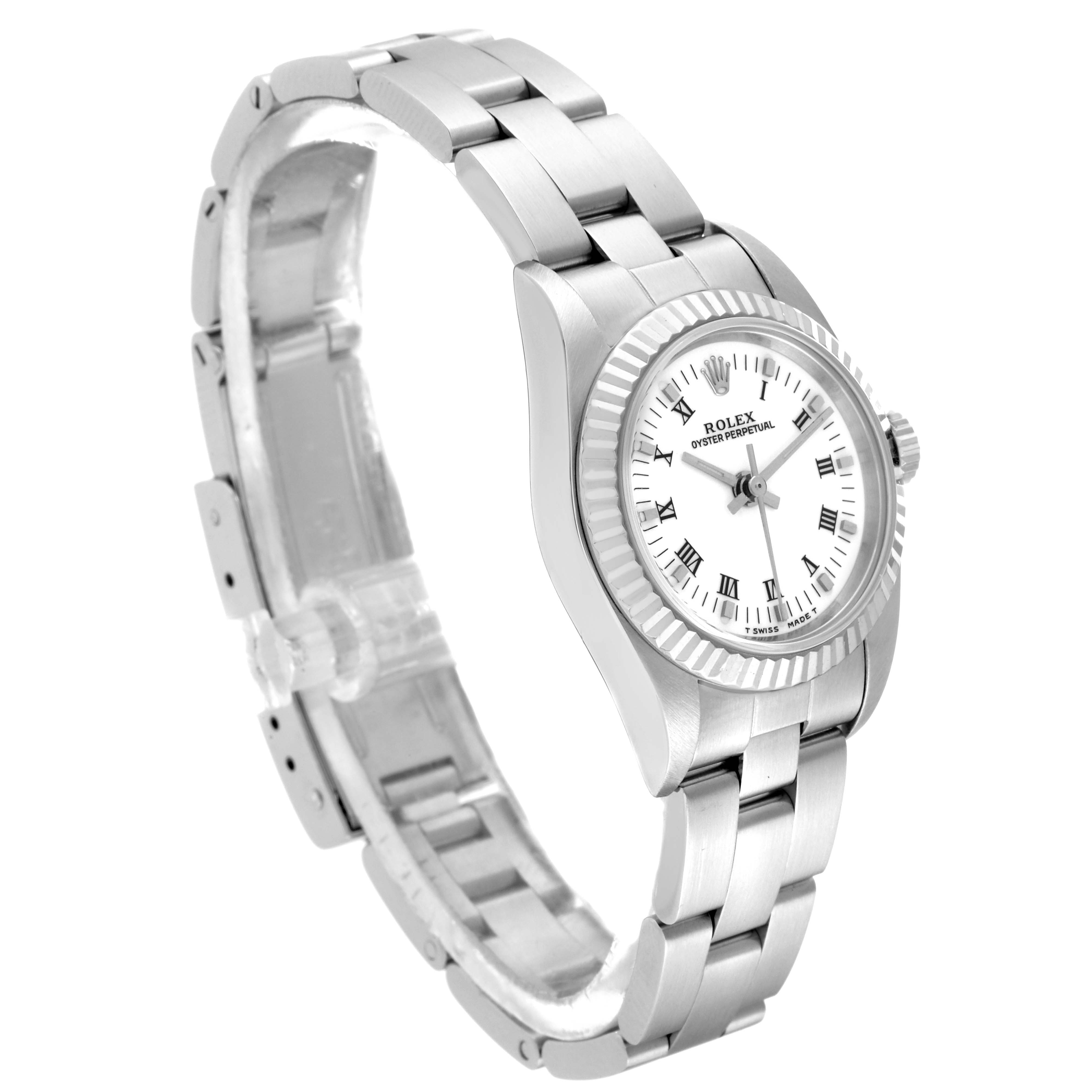 This image shows a side angle of a Rolex Oyster Perpetual 76094 Women's Stainless Steel White Dial 76094 Women's Stainless Steel White Dial watch, highlighting its dial, bezel, and bracelet.
