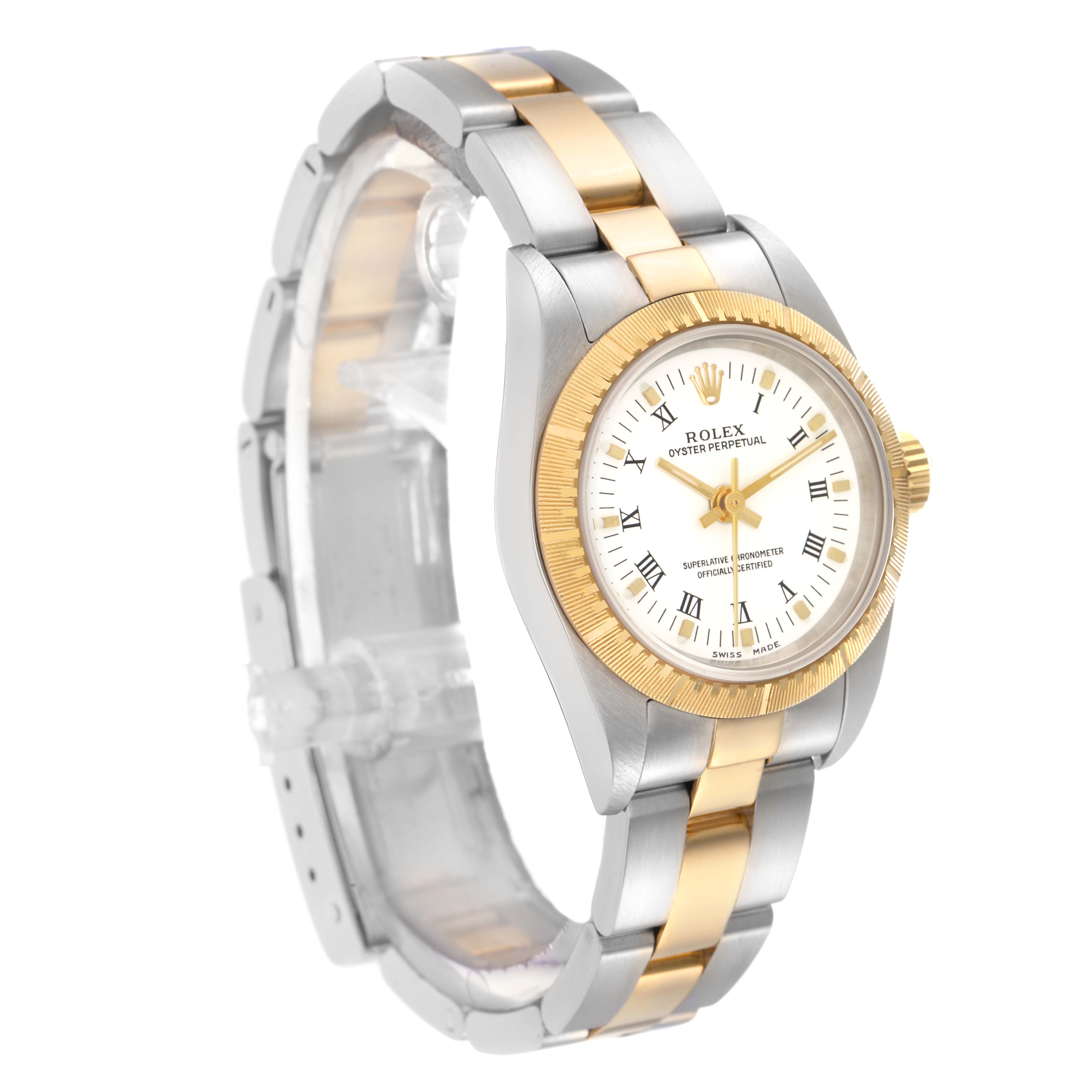The Rolex Oyster Perpetual model 76243 is shown at a three-quarter angle, highlighting the gold and silver bracelet, white dial, and gold bezel.