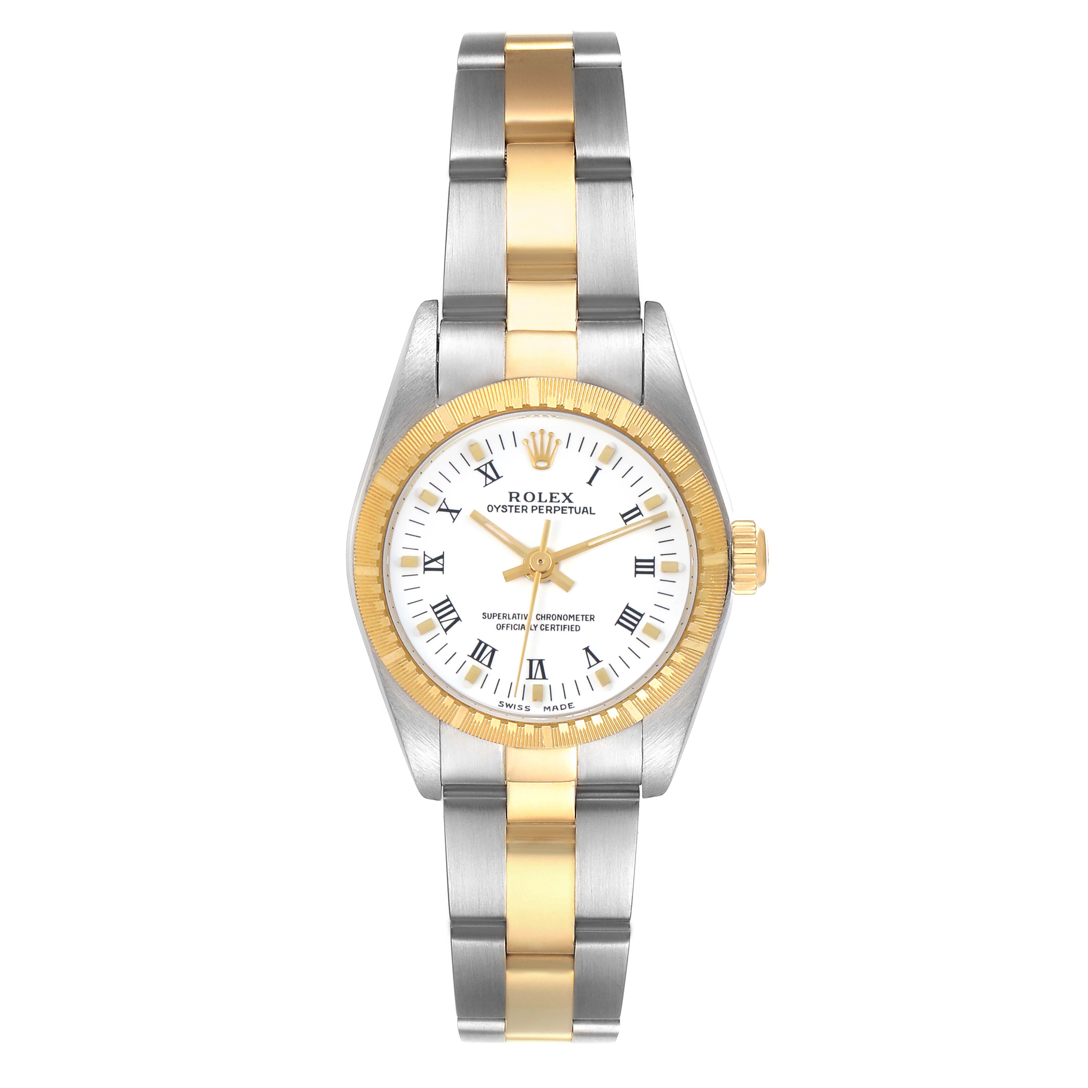 The Rolex Oyster Perpetual model 76243 is shown from a front angle, highlighting the watch face, bezel, and two-tone bracelet.