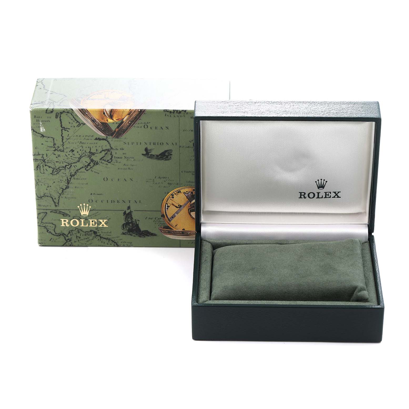 The image shows a Rolex watch box and packaging, likely for the Oyster Perpetual model, model number 76243, with no watch visible.