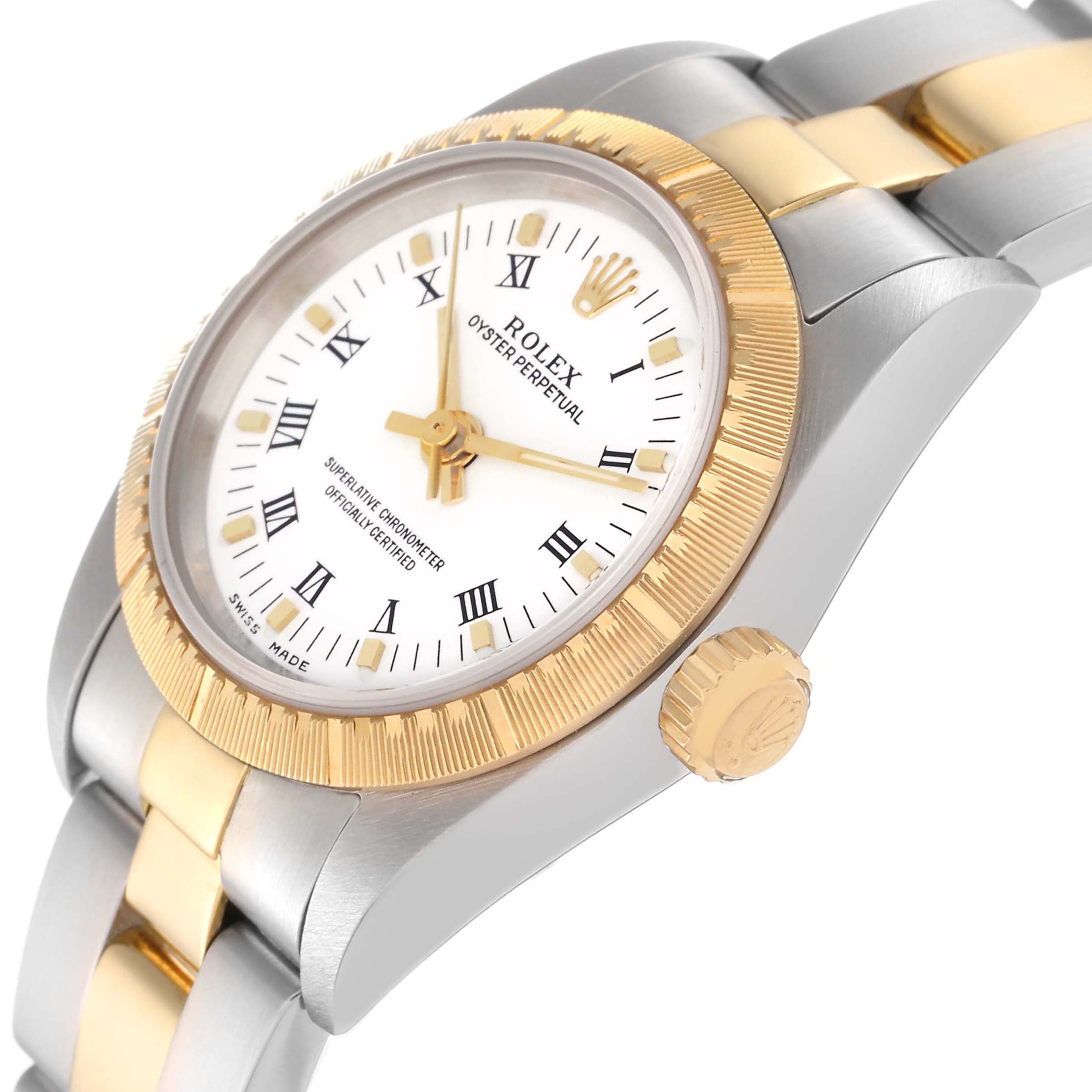 The image shows a side angle of the Rolex Oyster Perpetual model 76243 men's watch, highlighting the gold bezel, crown, and bracelet details.